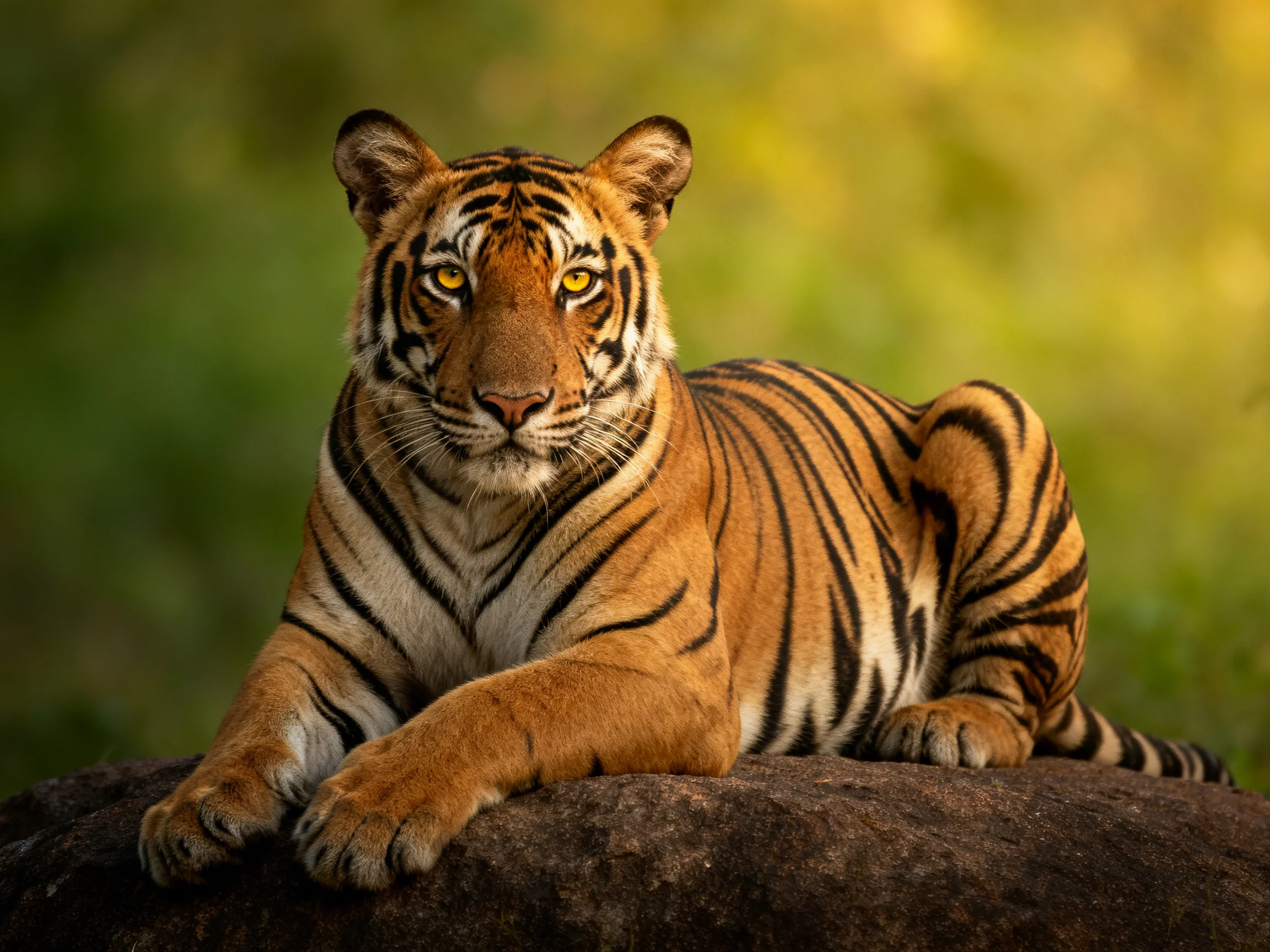 A tiger with striking orange and black stripes relaxes on a rock in a lush environment.