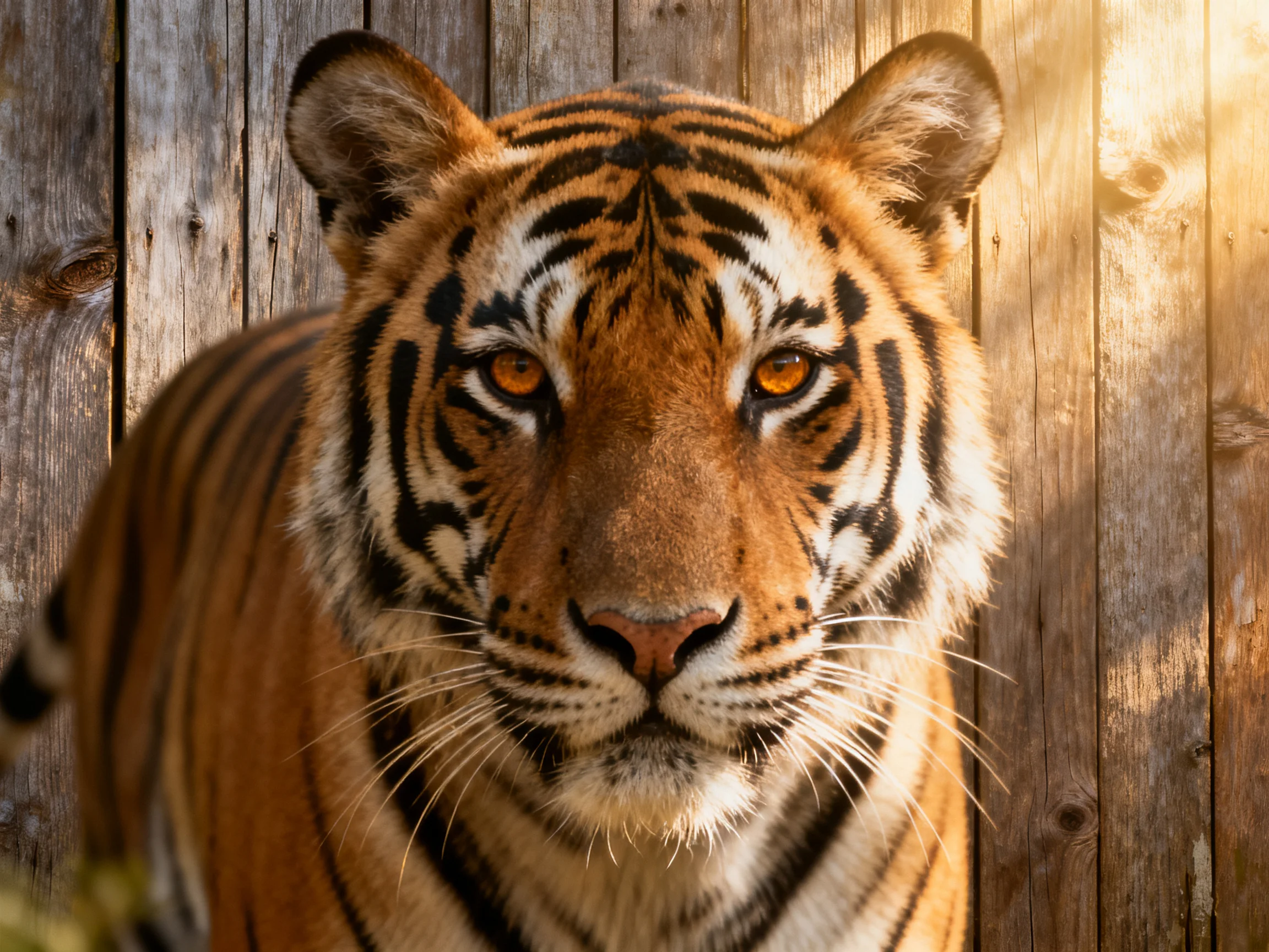 A close - up of a tiger with striking orange and black stripes positioned next to an aged wooden structure.