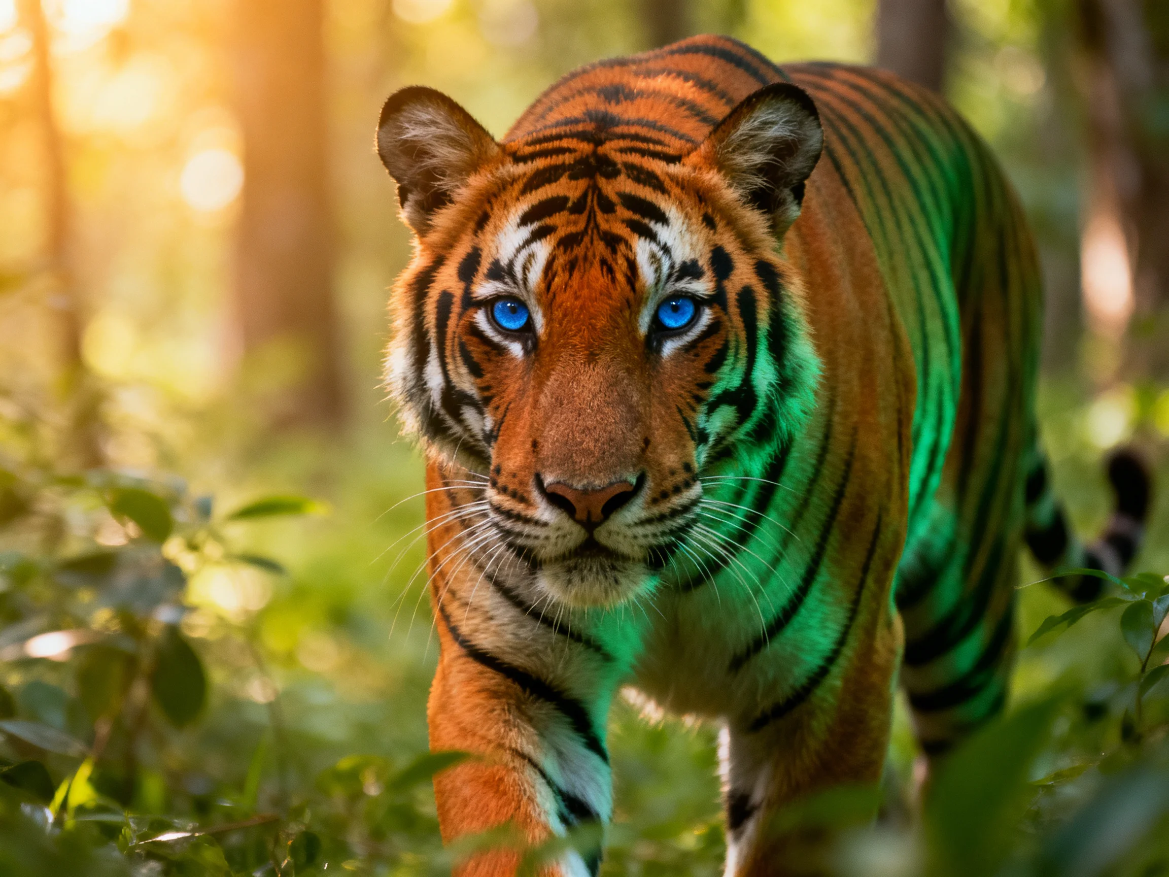 A tiger with striking blue eyes roams through sun-dappled forest vegetation.