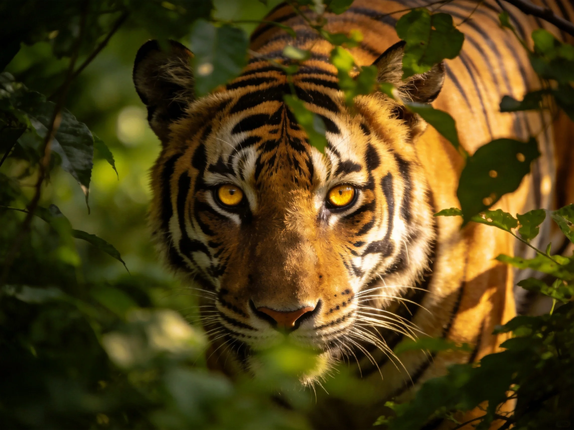 A majestic tiger with bright yellow eyes in dense green foliage