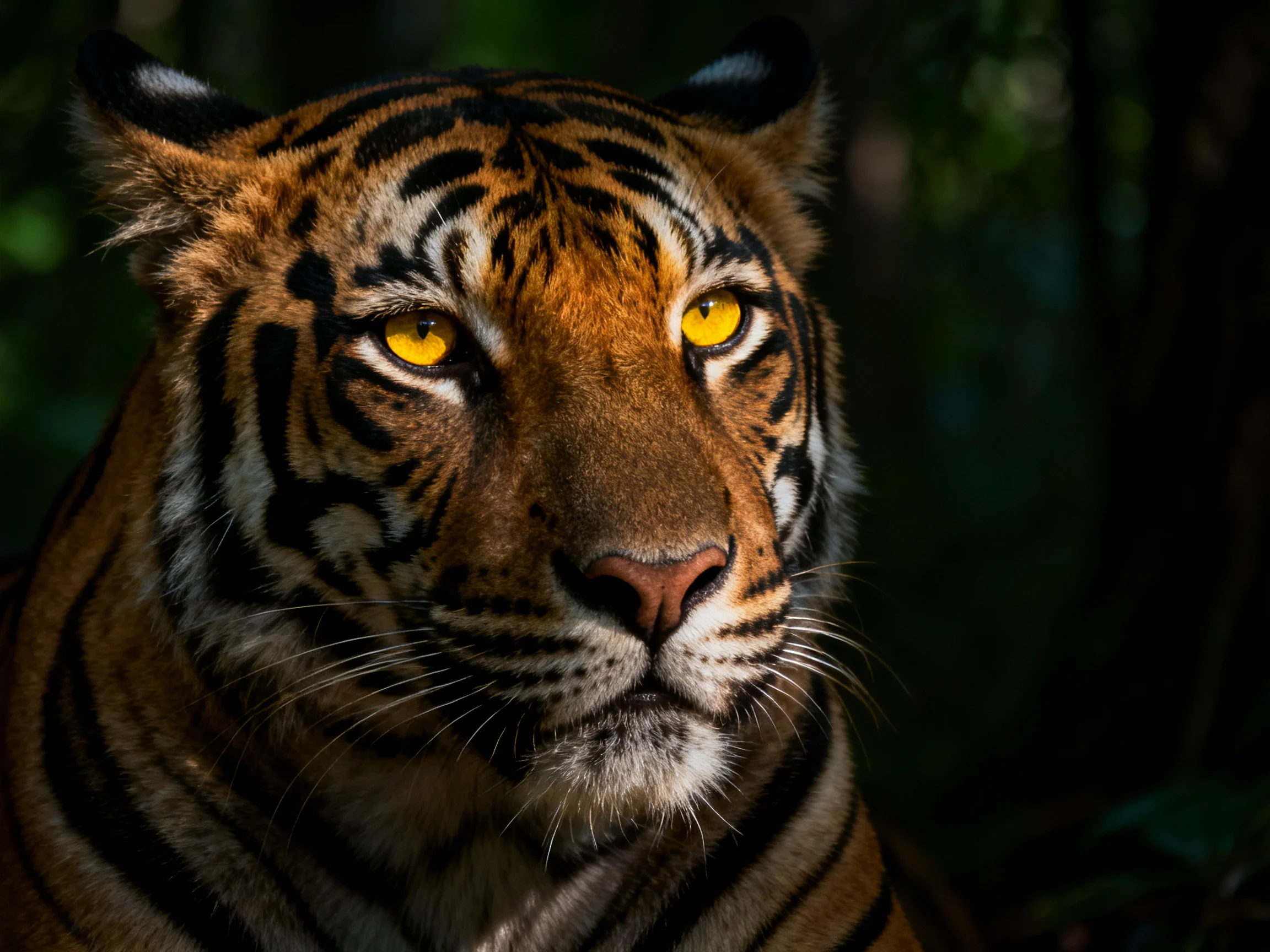A majestic tiger gazes intently amid dark forest surroundings.