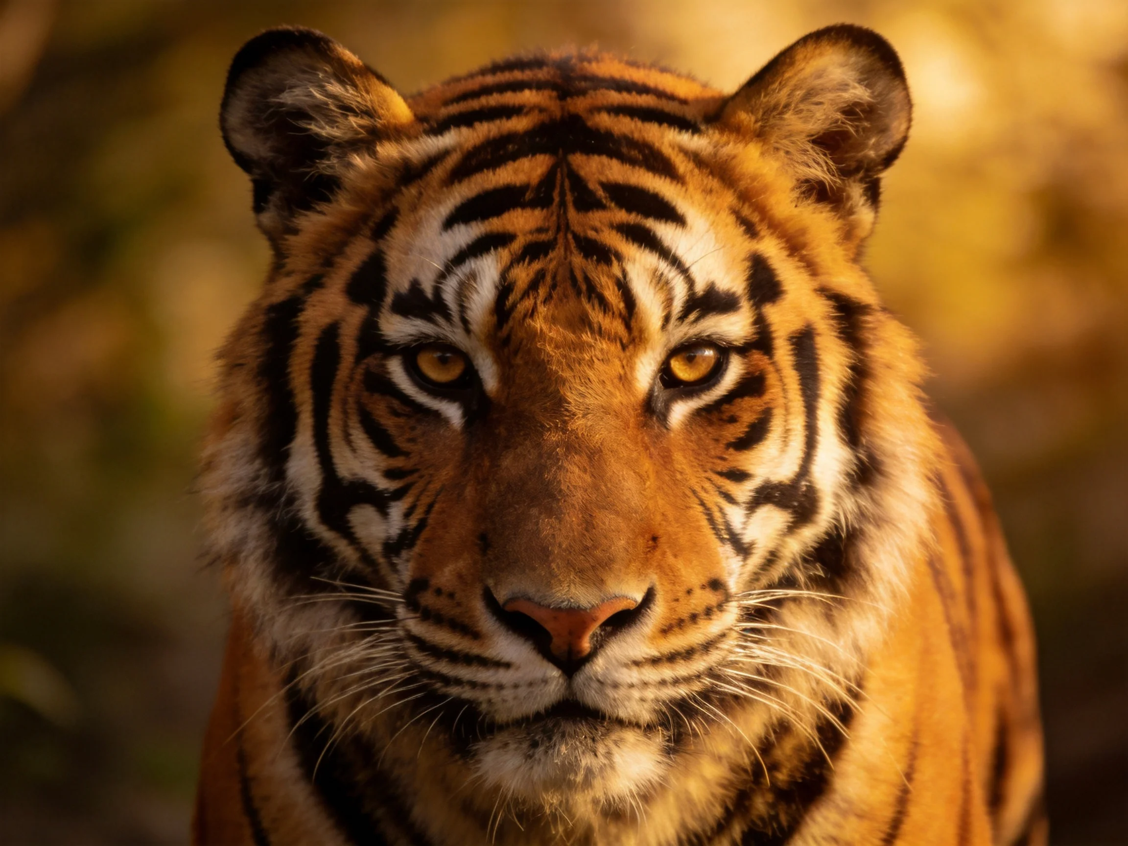 A majestic tiger with golden fur and bold black stripes