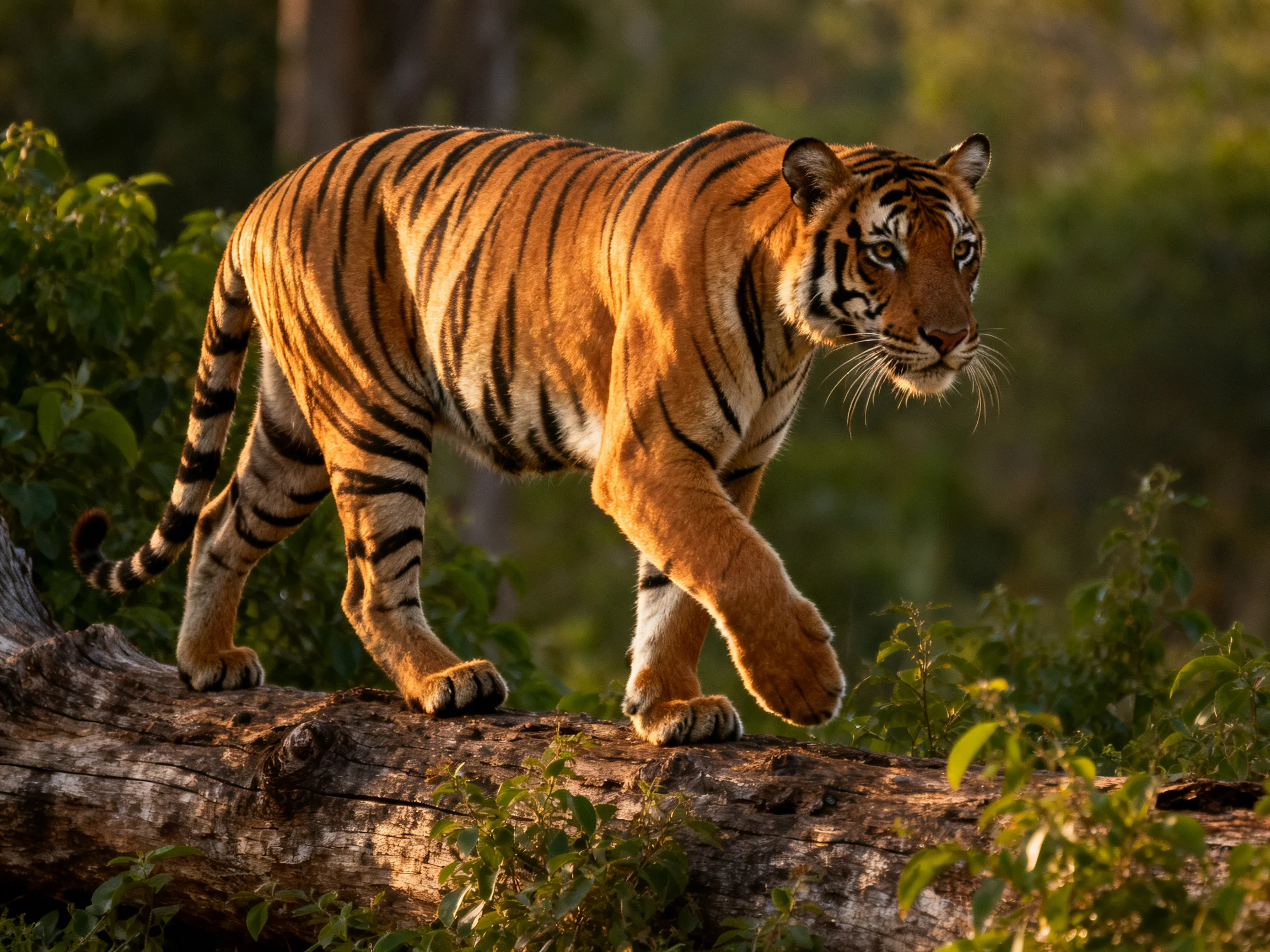 A tiger with orange fur and black stripes walks on a fallen log in a forest.