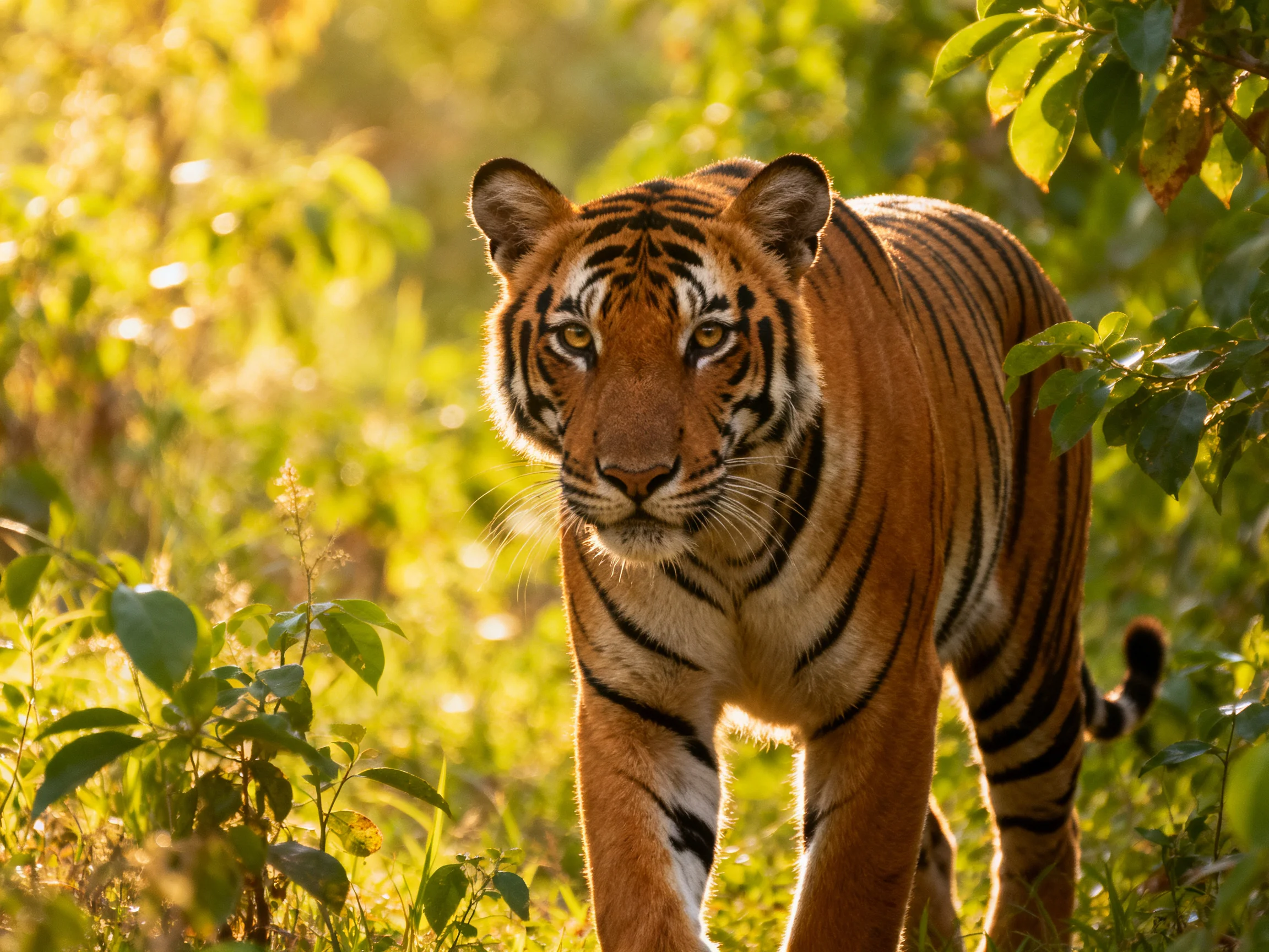 A majestic tiger with orange fur and black stripes walks through lush green foliage