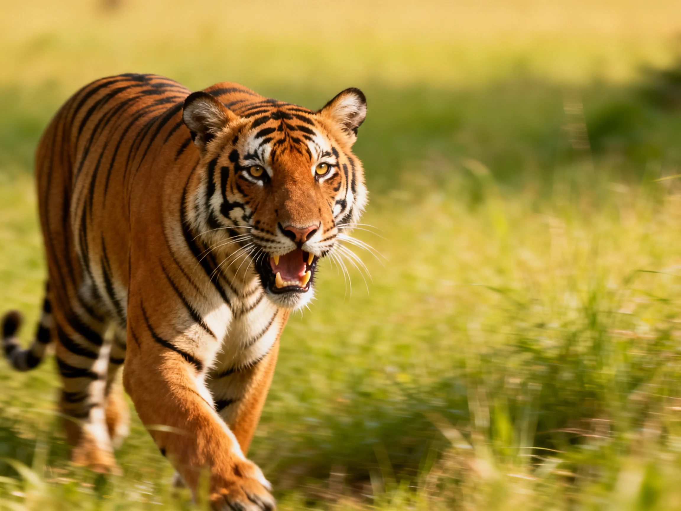 A majestic tiger with orange fur and black stripes walks through lush green grass