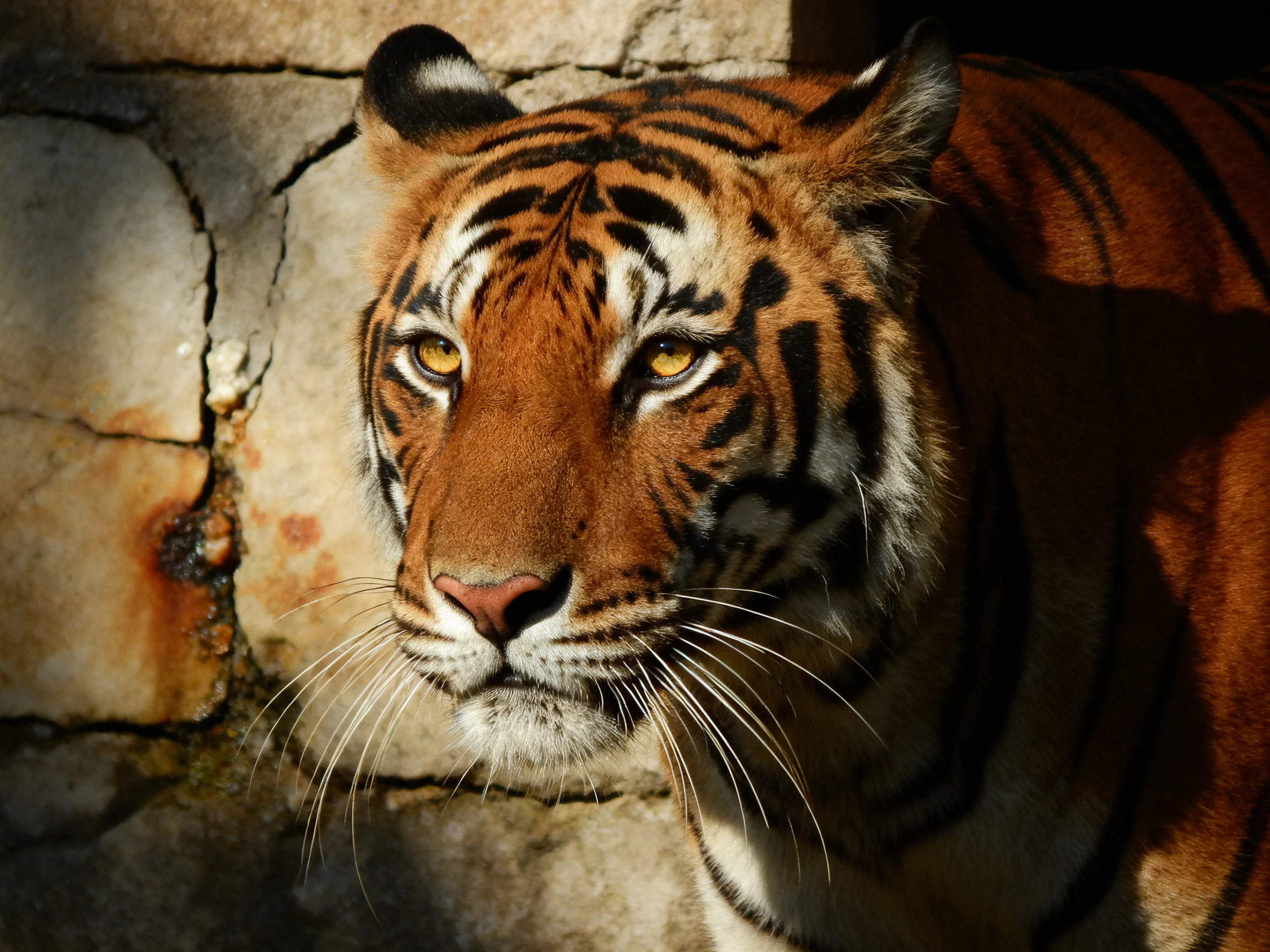 A majestic tiger rests calmly beside a weathered stone wall.