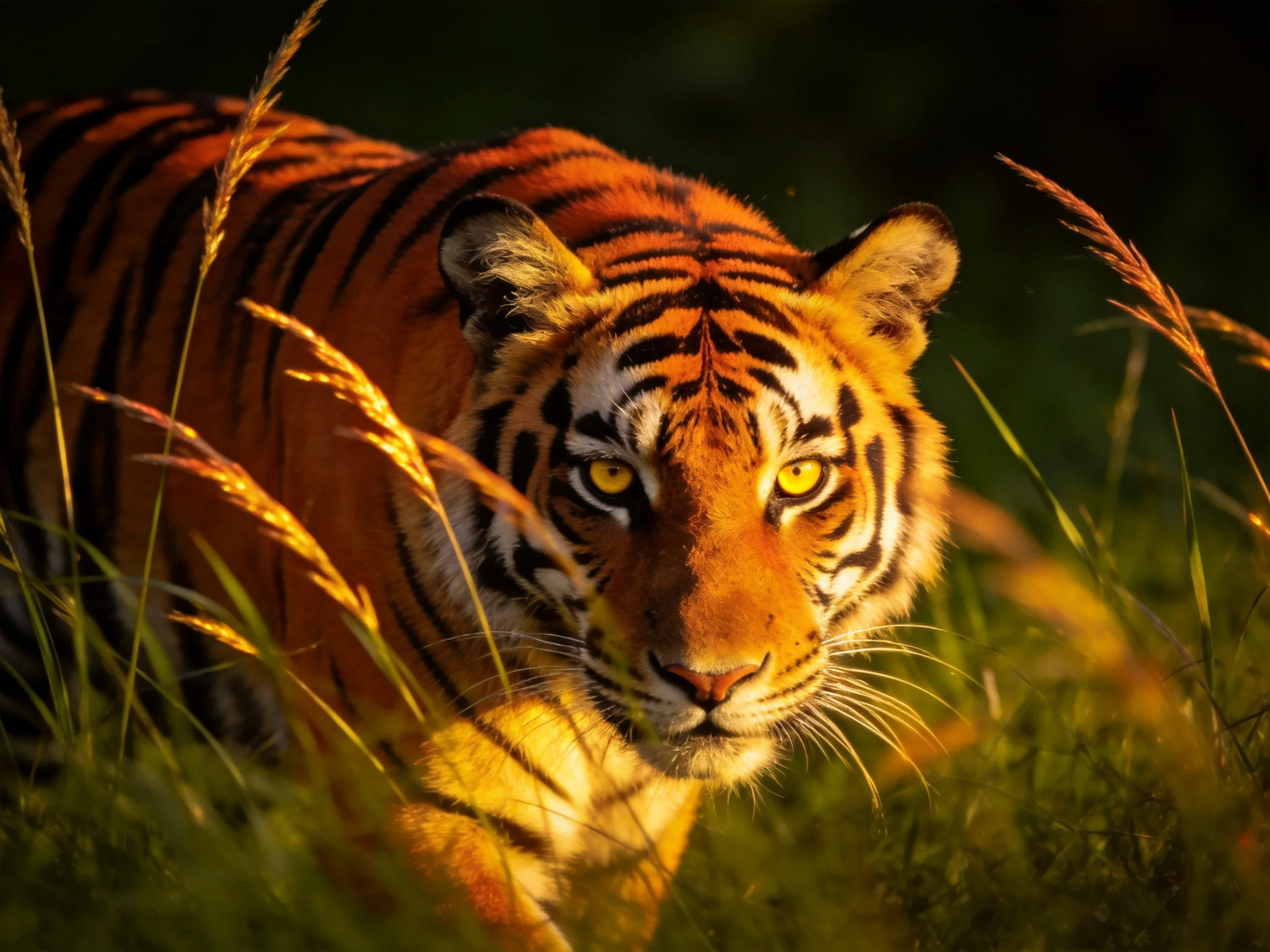 A majestic tiger with orange stripes amidst golden grasses in warm light