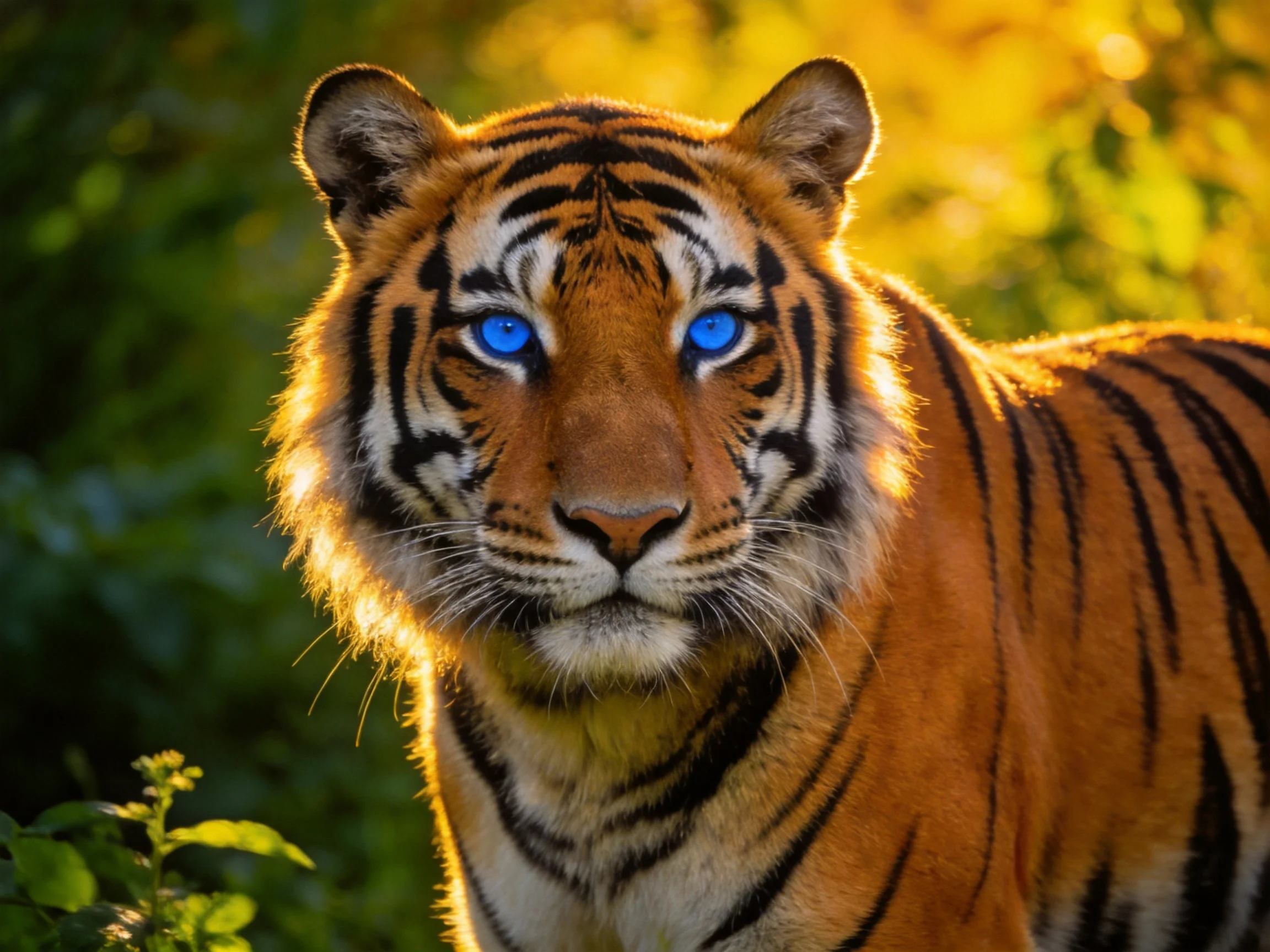 A majestic tiger with vibrant orange fur and striking blue eyes
