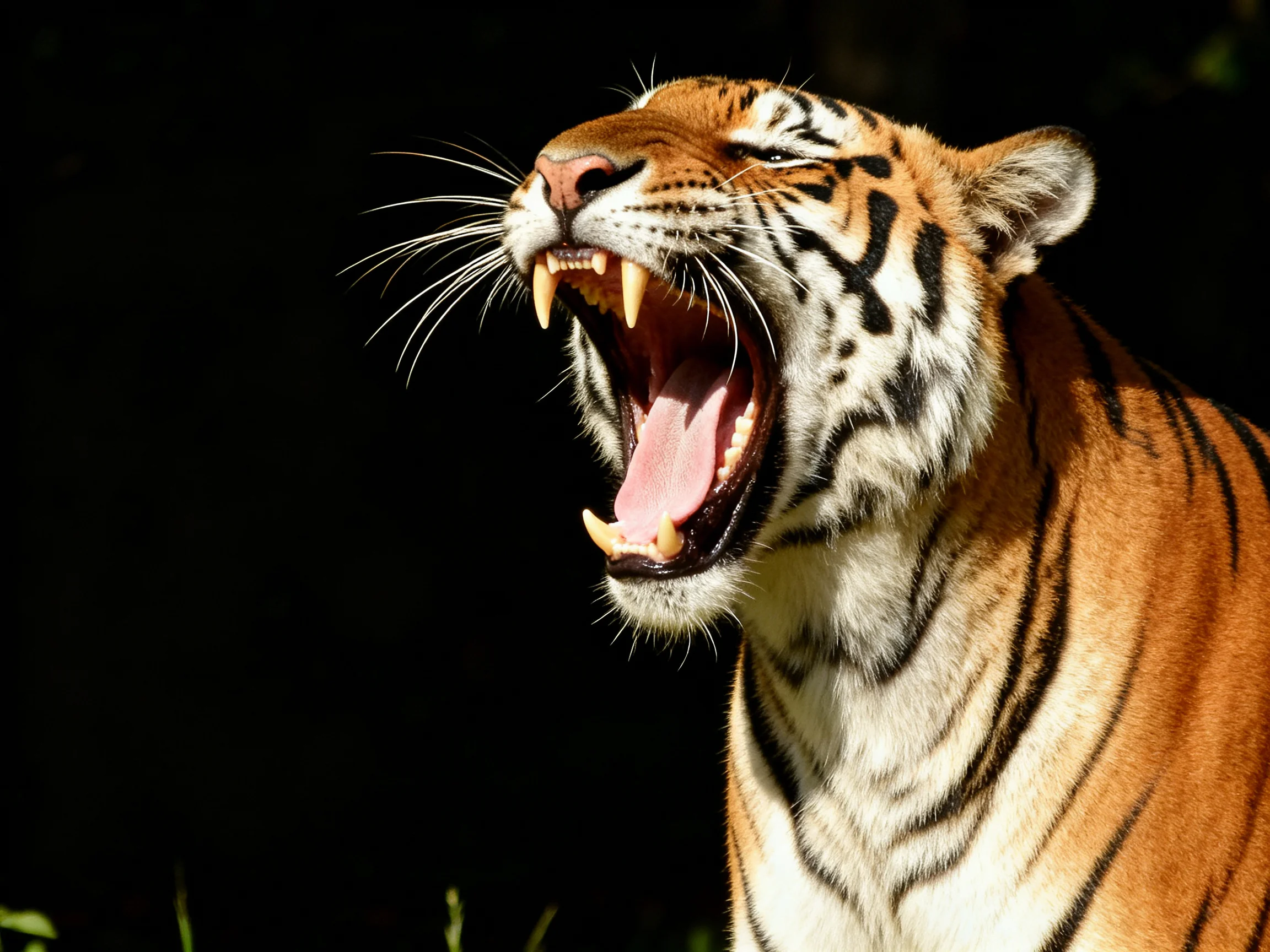 A majestic tiger yawns widely, displaying sharp teeth and vibrant orange fur