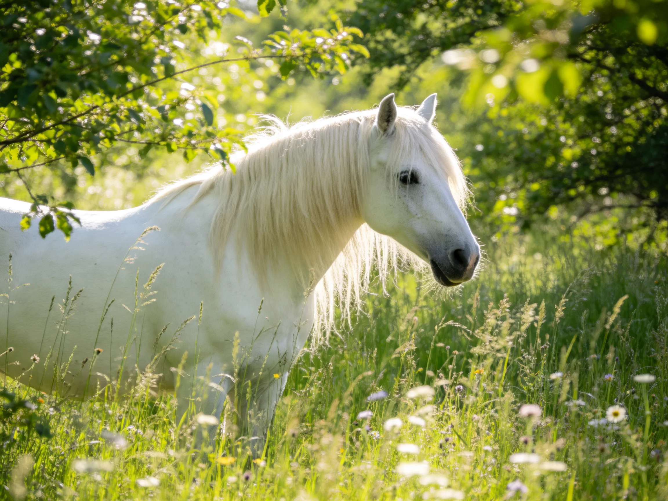 A majestic white horse stands in a sun-dappled green meadow