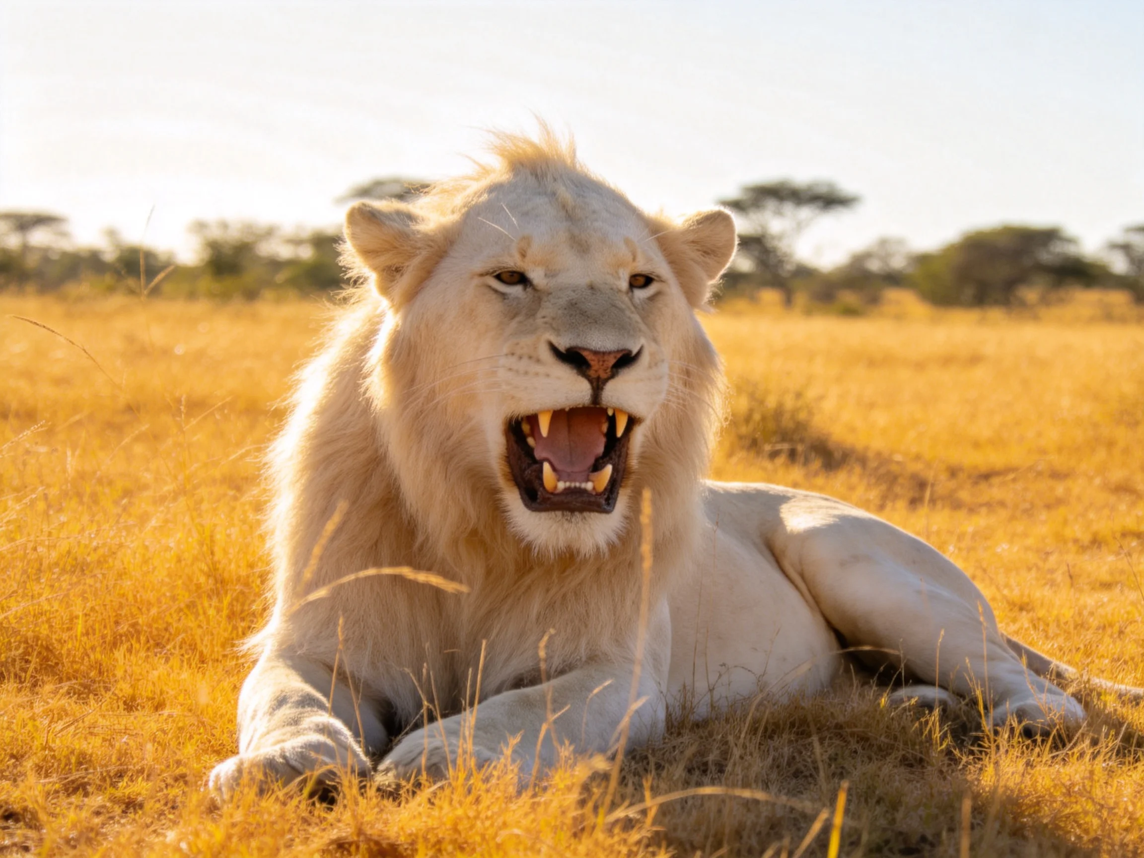 A white lion rests in golden savannah grass with mouth open