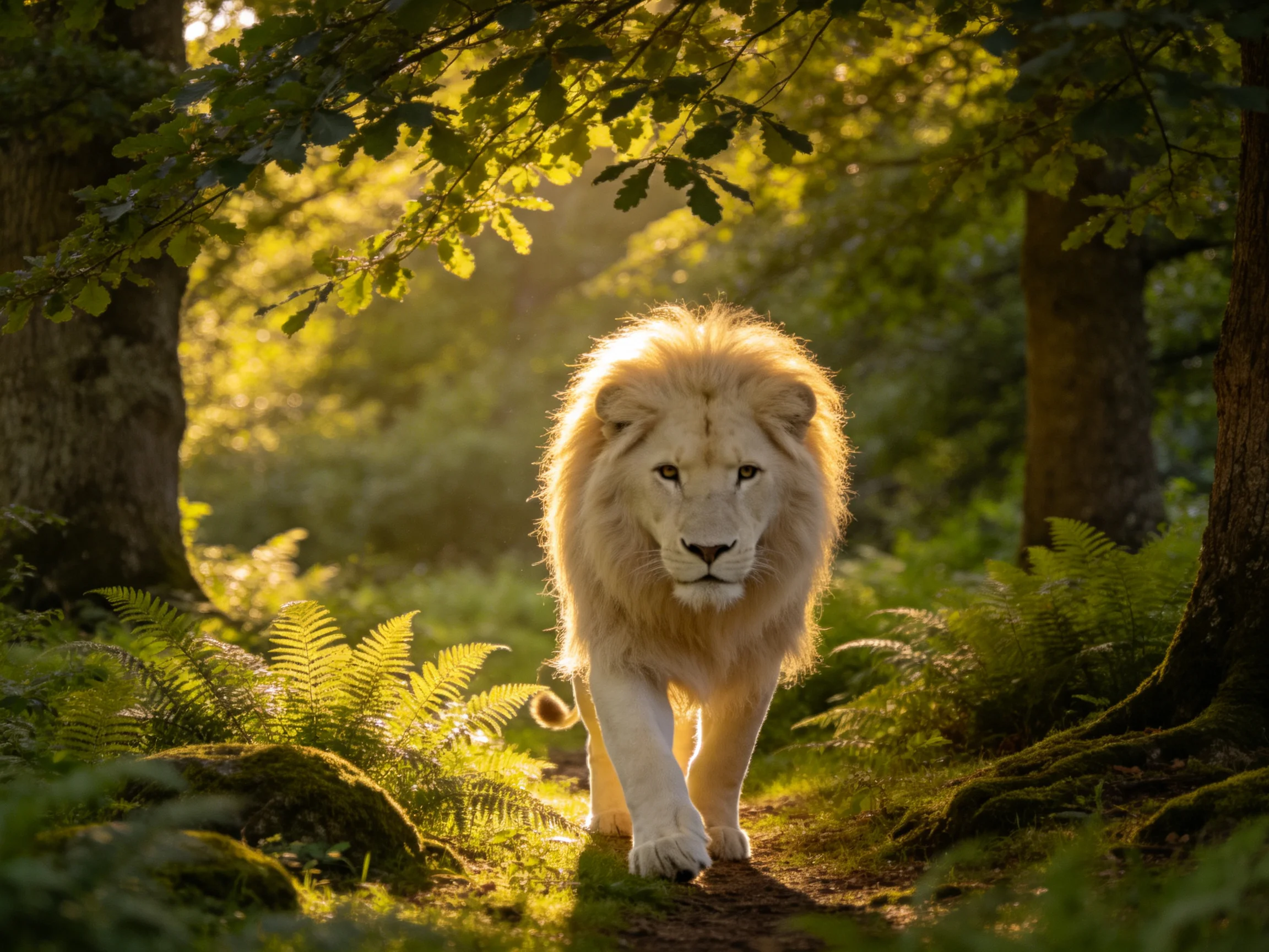 A majestic white lion walks through a sun-dappled forest glade