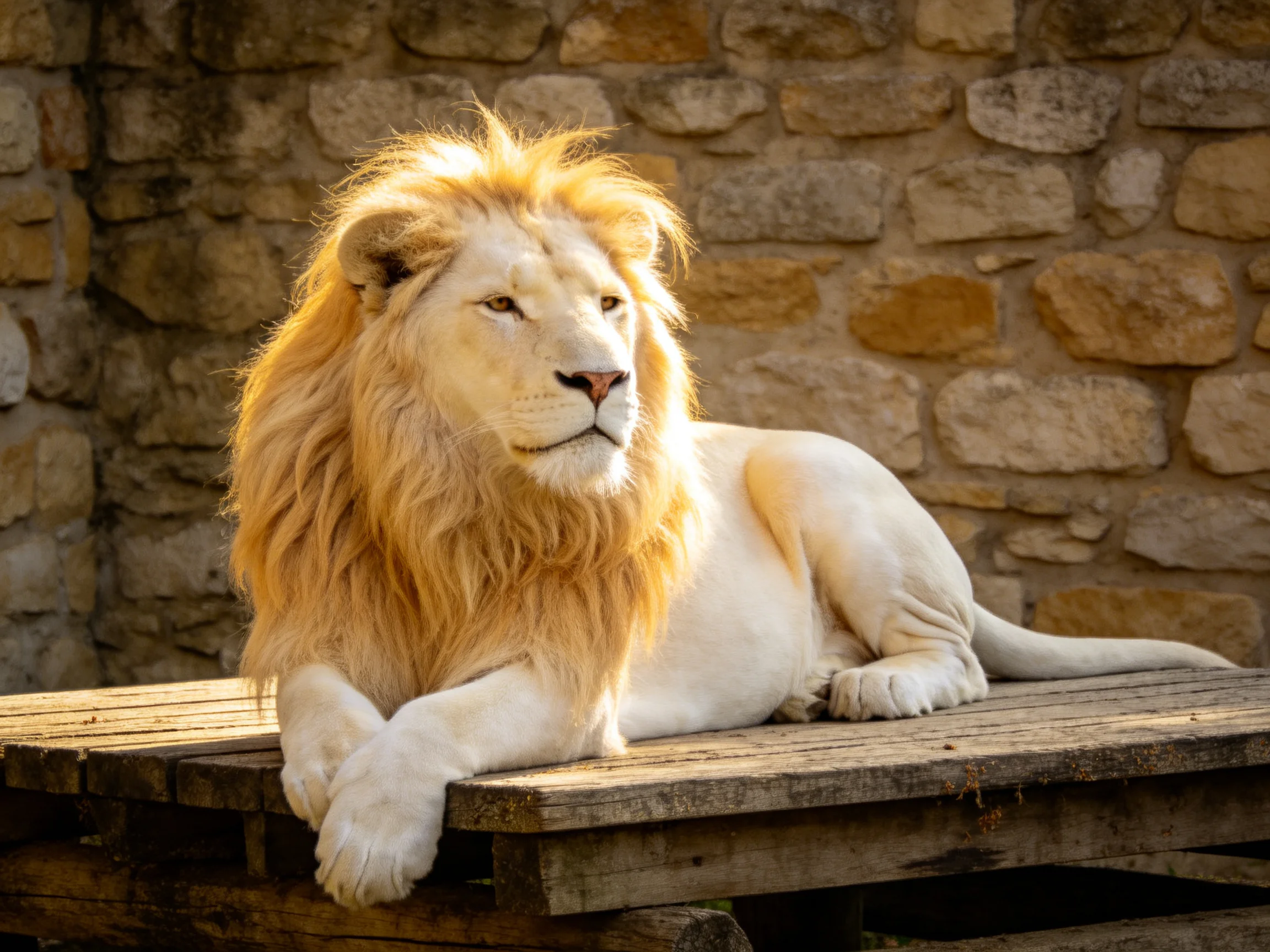 A majestic white lion with a golden mane lies calmly on a wooden structure beside a stone wall.