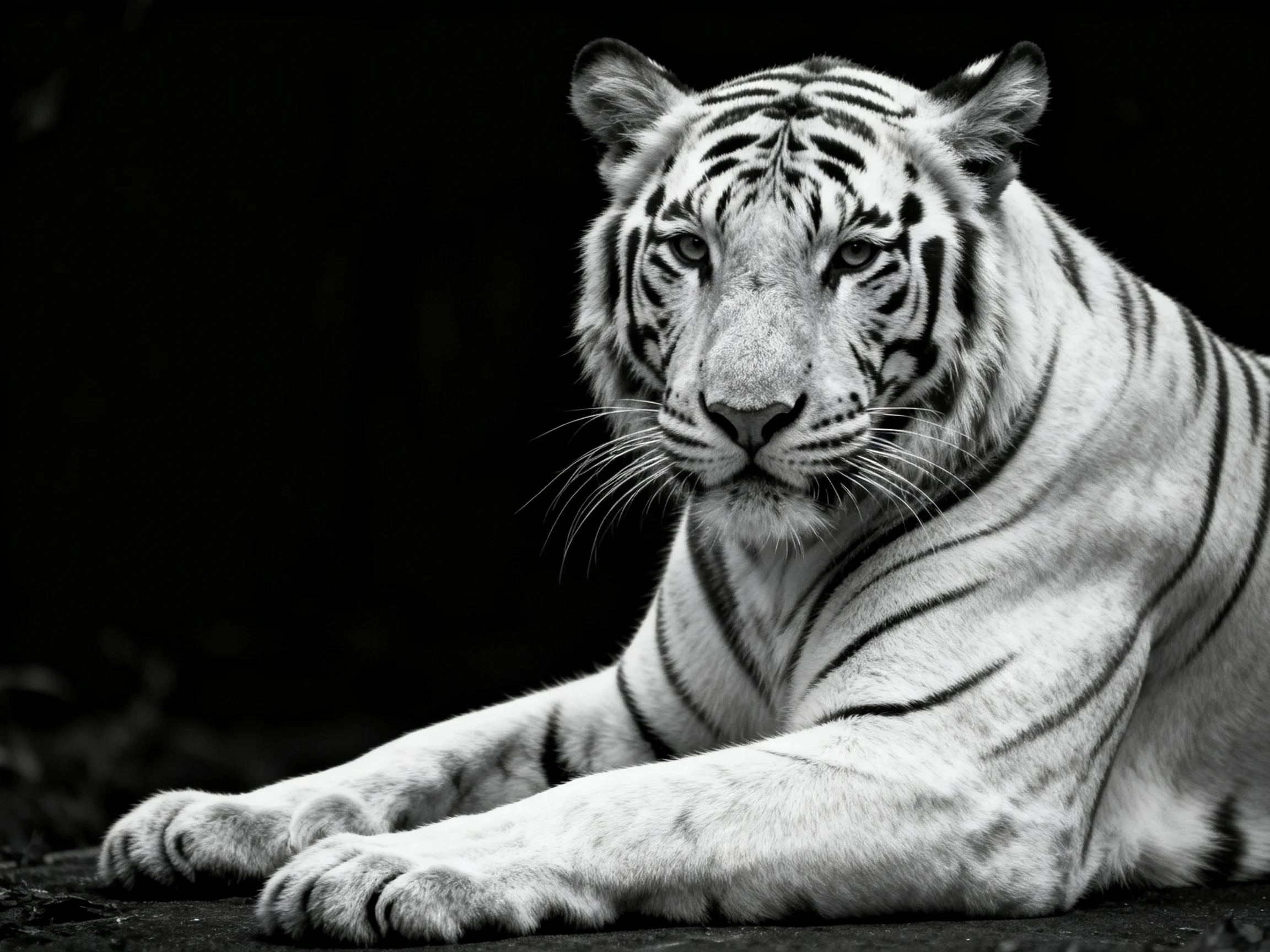 A white tiger rests calmly in a dramatic black-and-white setting.
