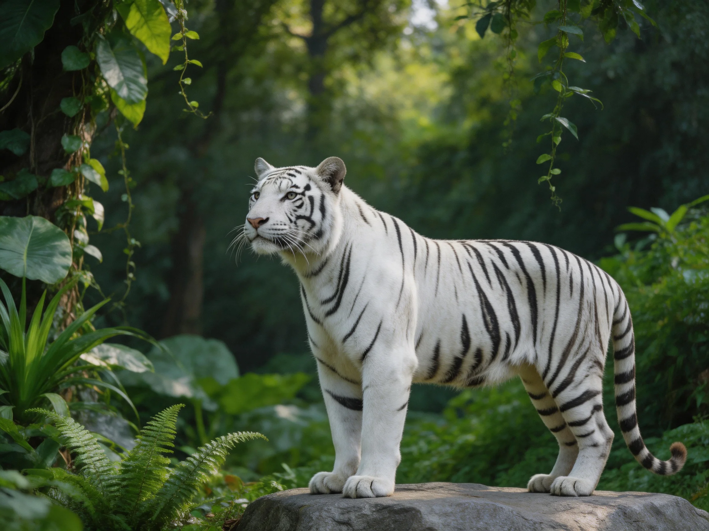 A white tiger stands alertly on a rock surrounded by lush vegetation.