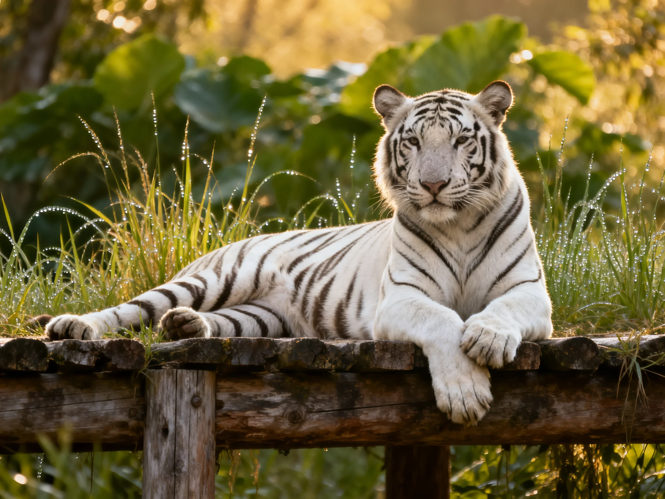 A white tiger relaxes on a wooden structure surrounded by greenery.