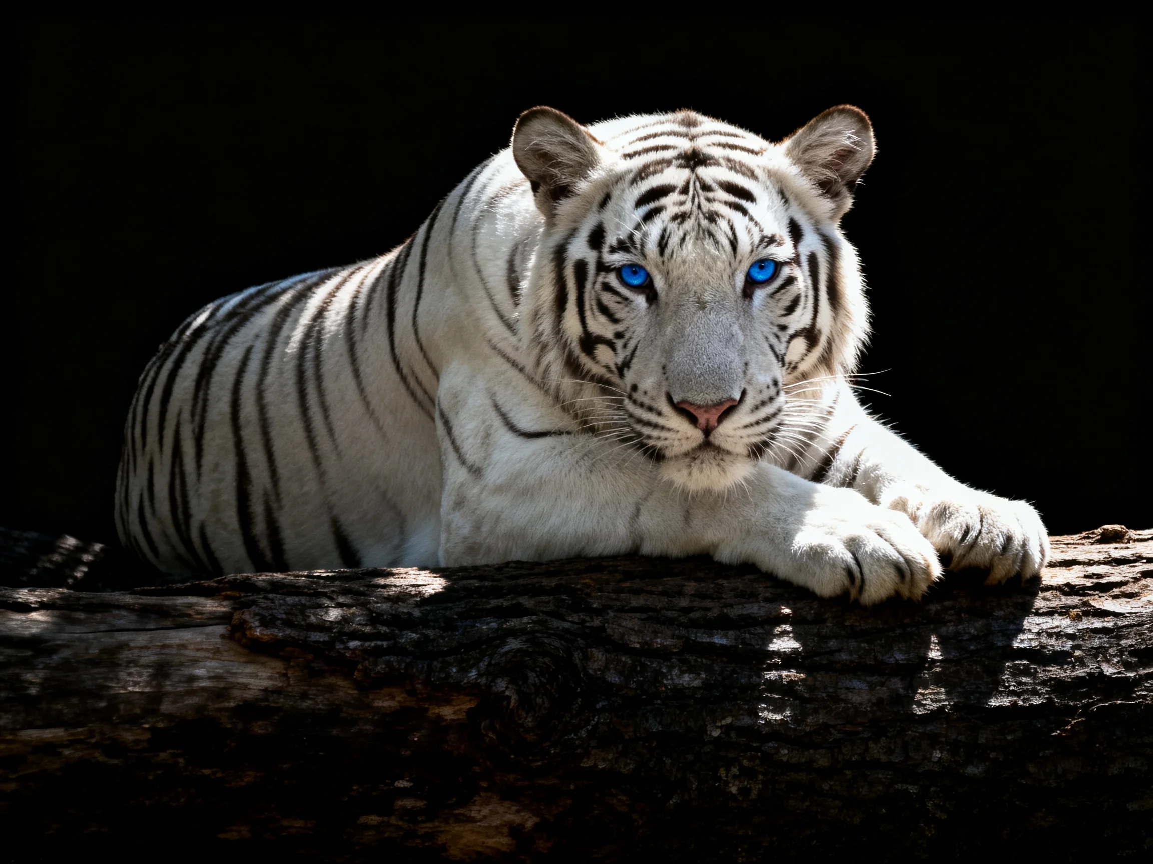 A white tiger with blue eyes rests on a log against a dark backdrop.