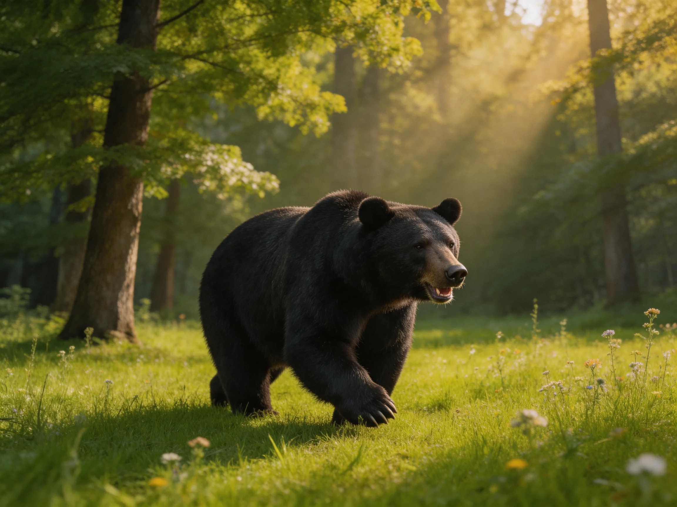 A massive black bear roams a sunlit forest meadow