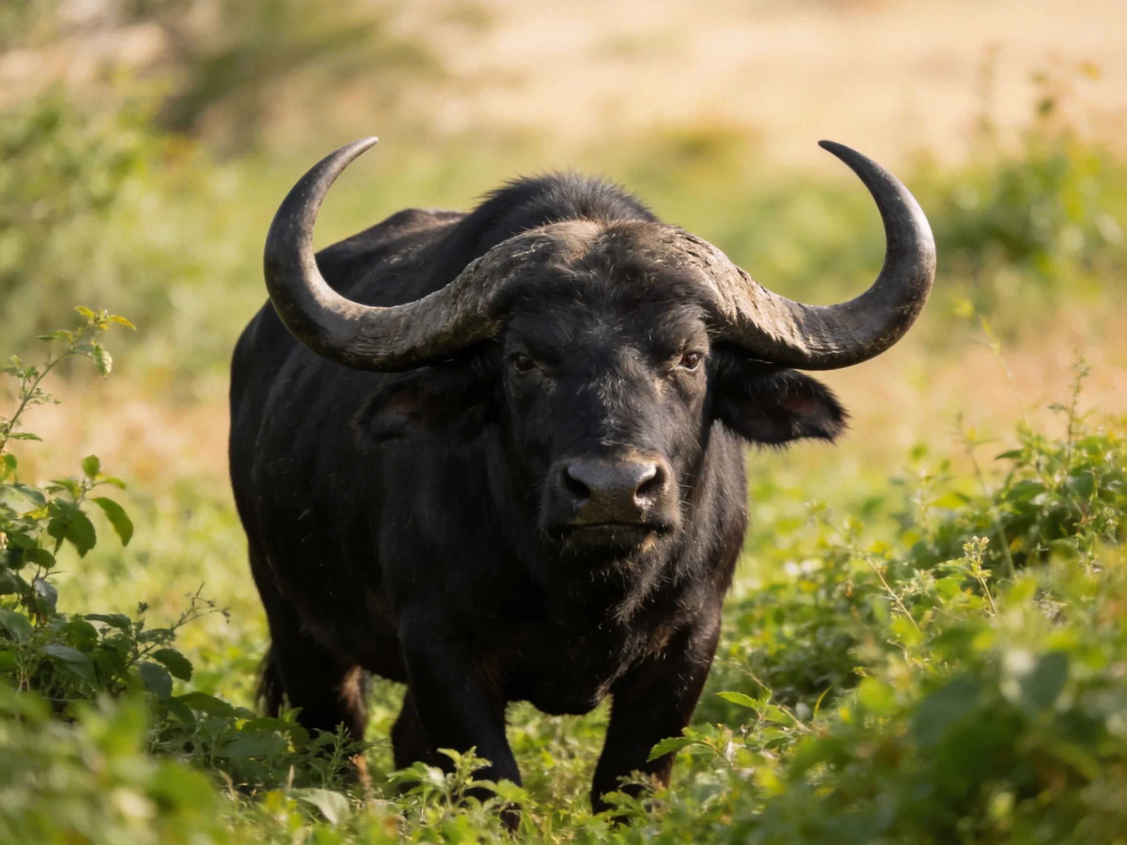 A massive black buffalo with large curved horns in lush vegetation