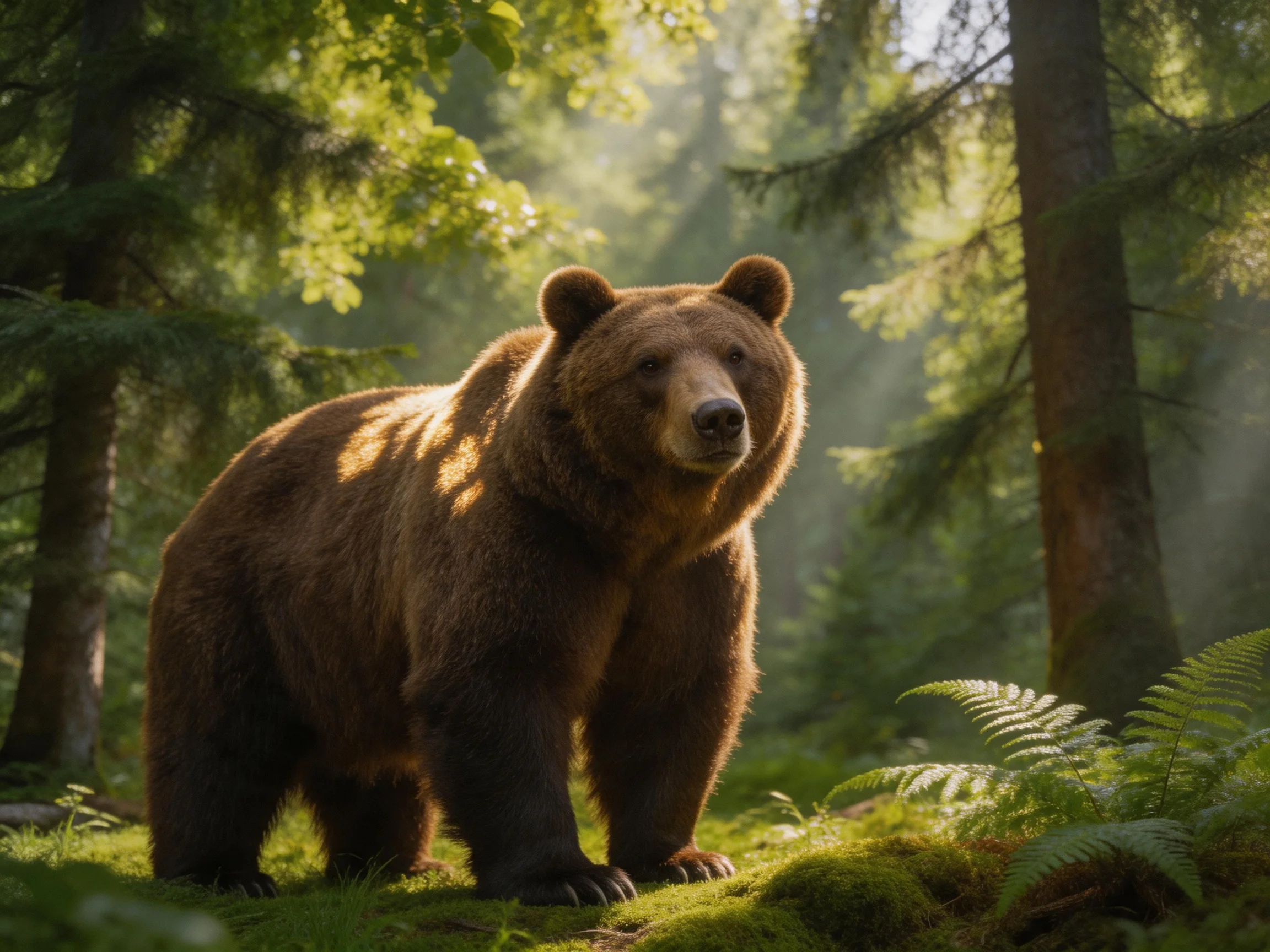 A massive brown bear in a sun-dappled forest with lush greenery