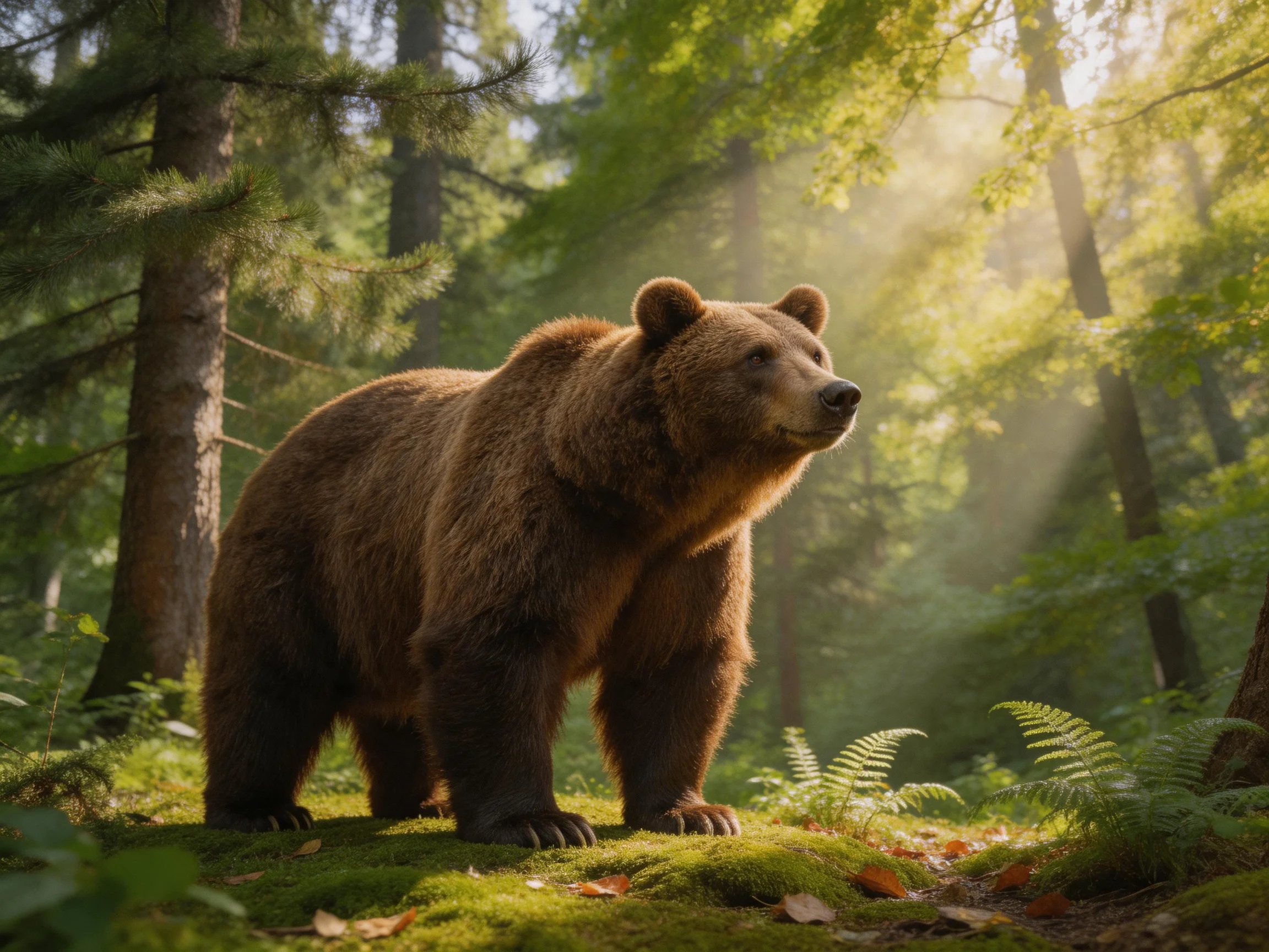 A brown bear stands among lush greenery in a sunlit forest.