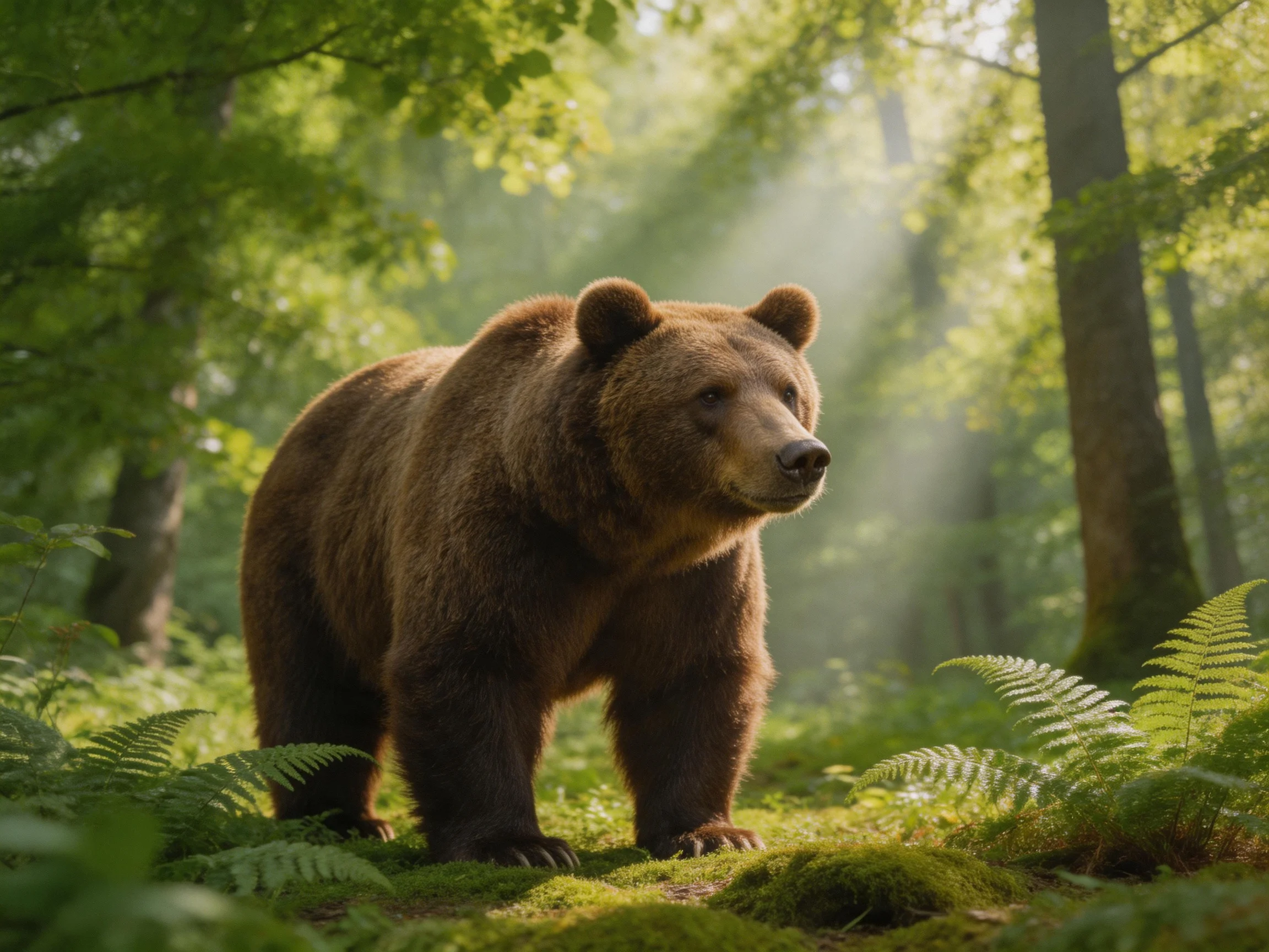 A massive brown bear stands amid dense green foliage and sunbeams