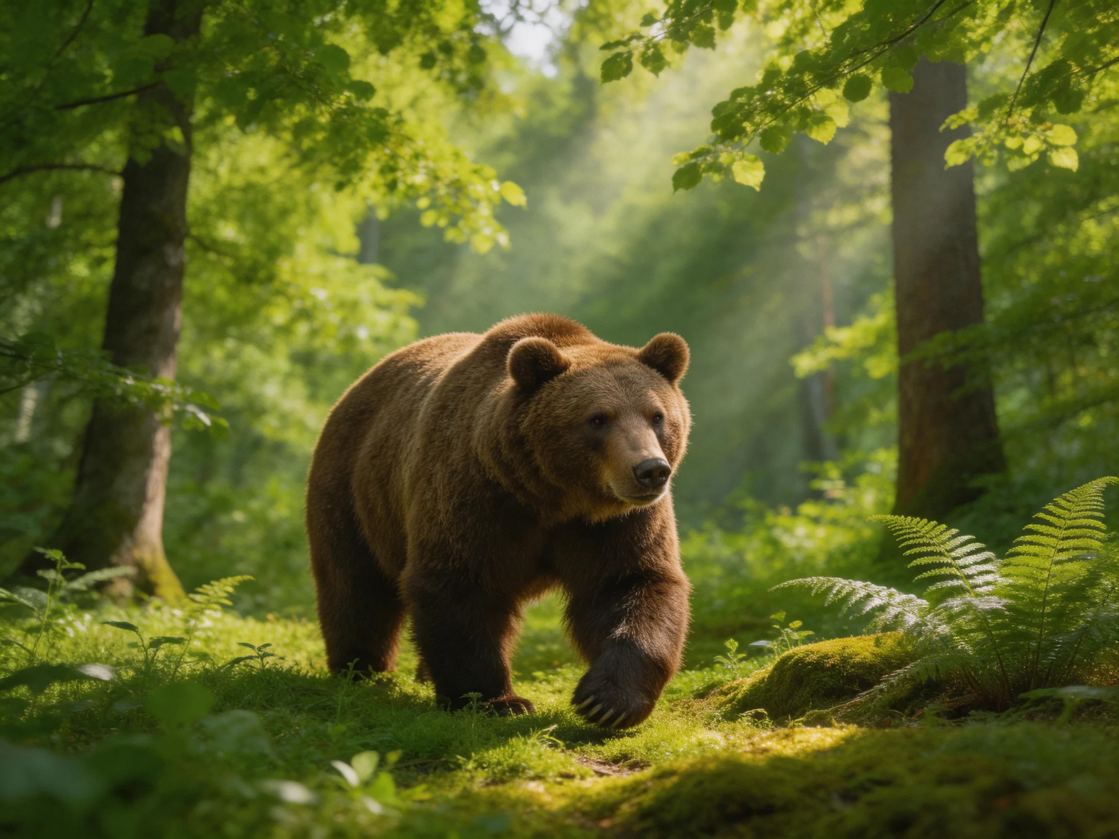 A massive brown bear traverses a sun-drenched green forest