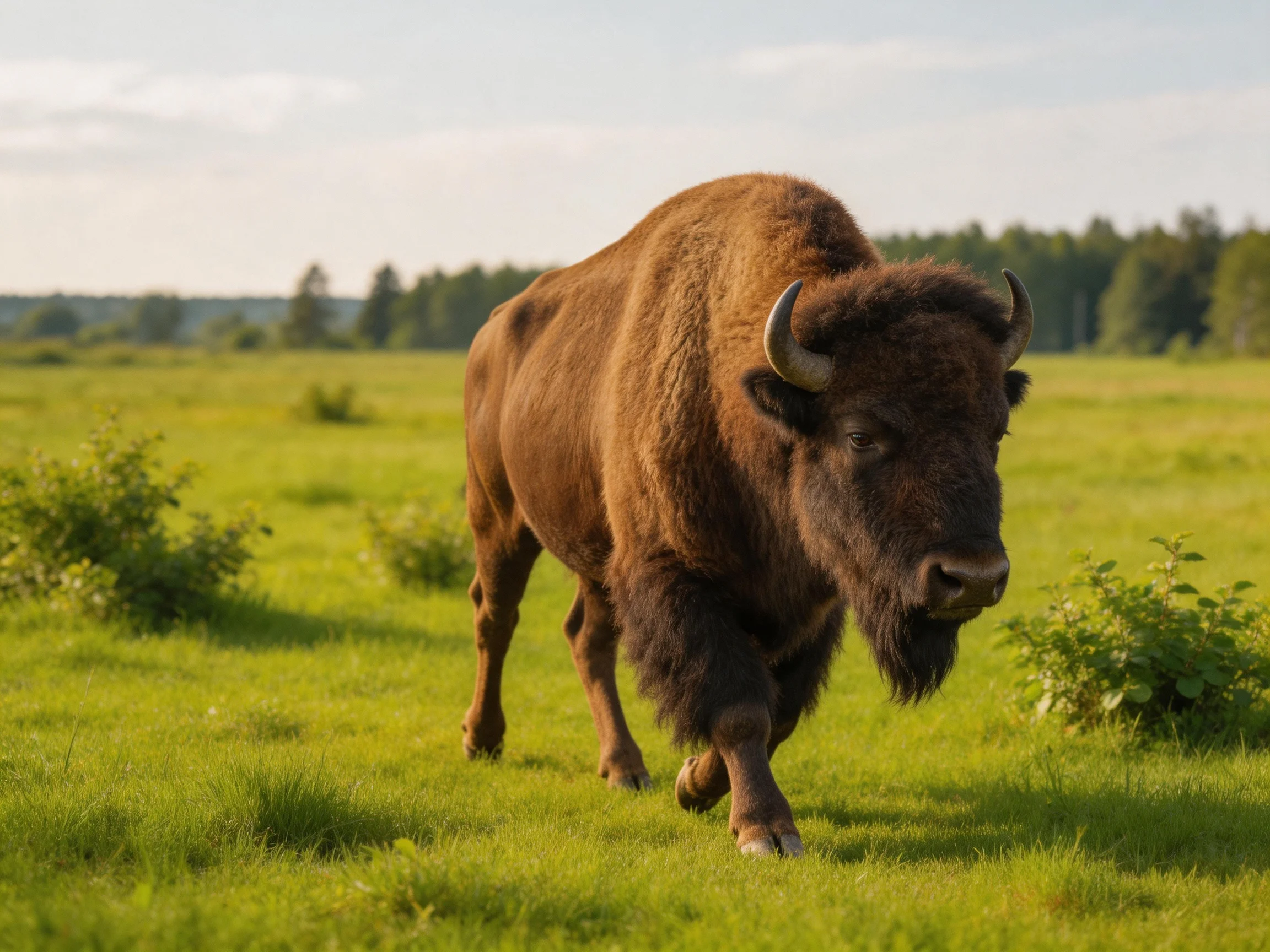 A massive brown bison roams a sunlit green meadow