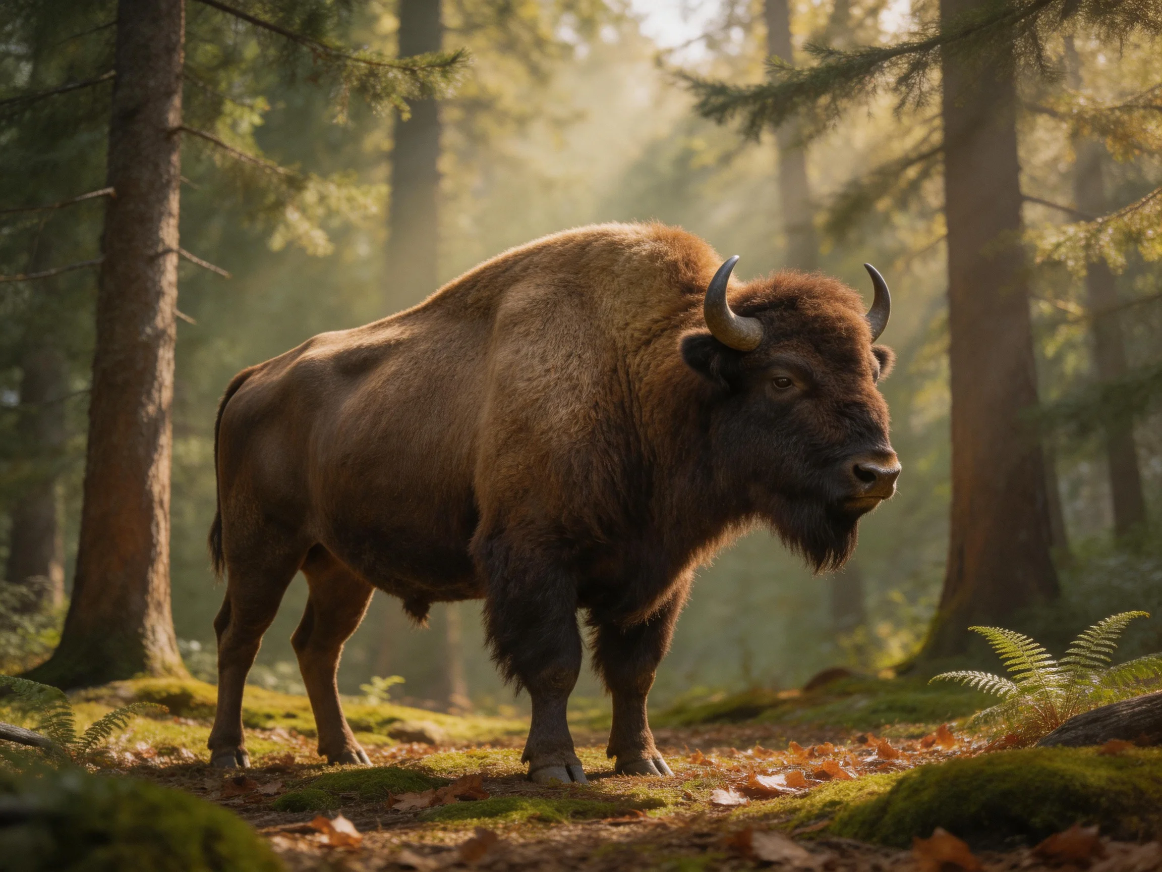 A massive brown bison stands in a sunlit forest of tall green trees
