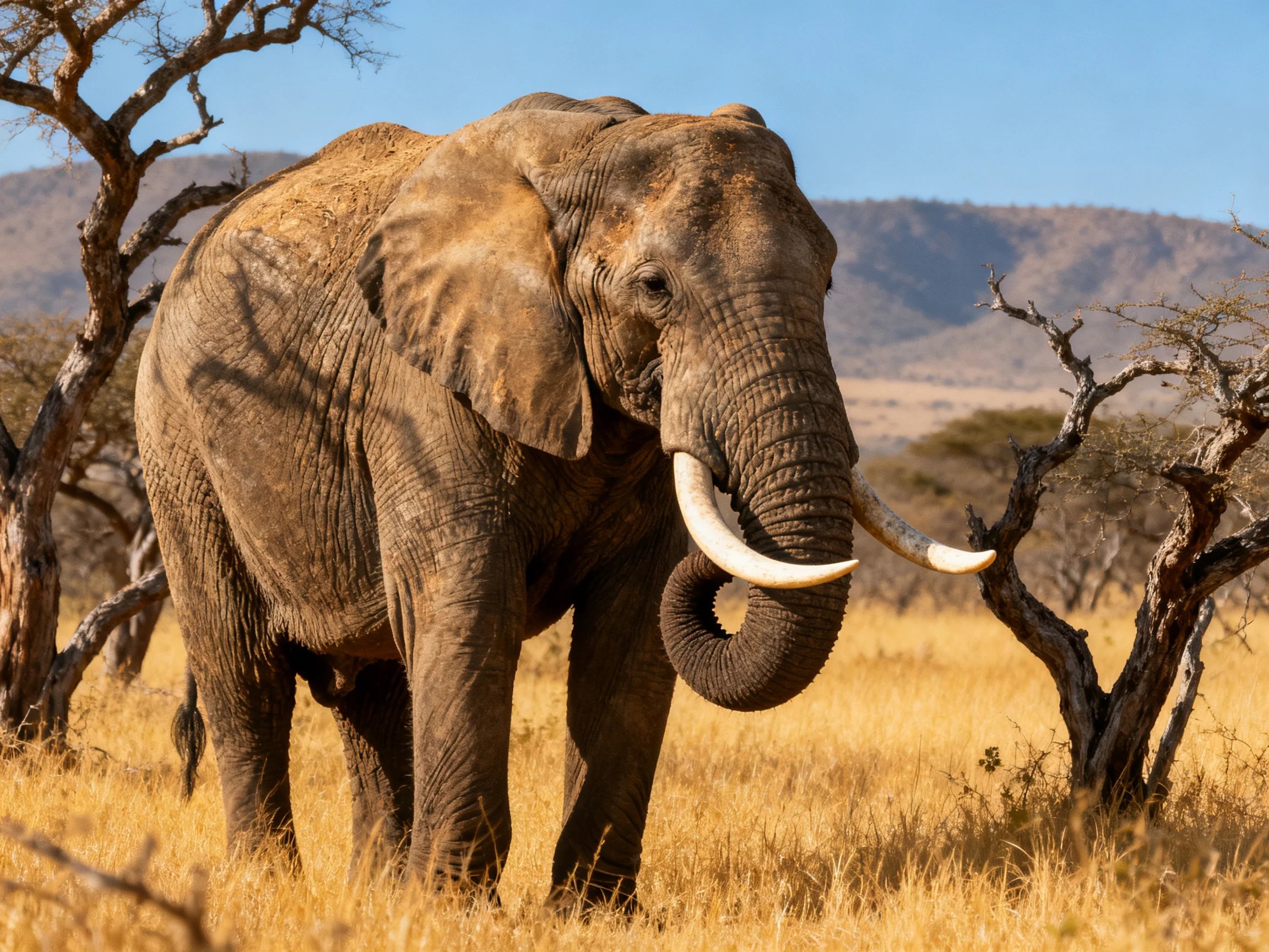 A massive brown elephant in golden savannah near twisted acacia trees