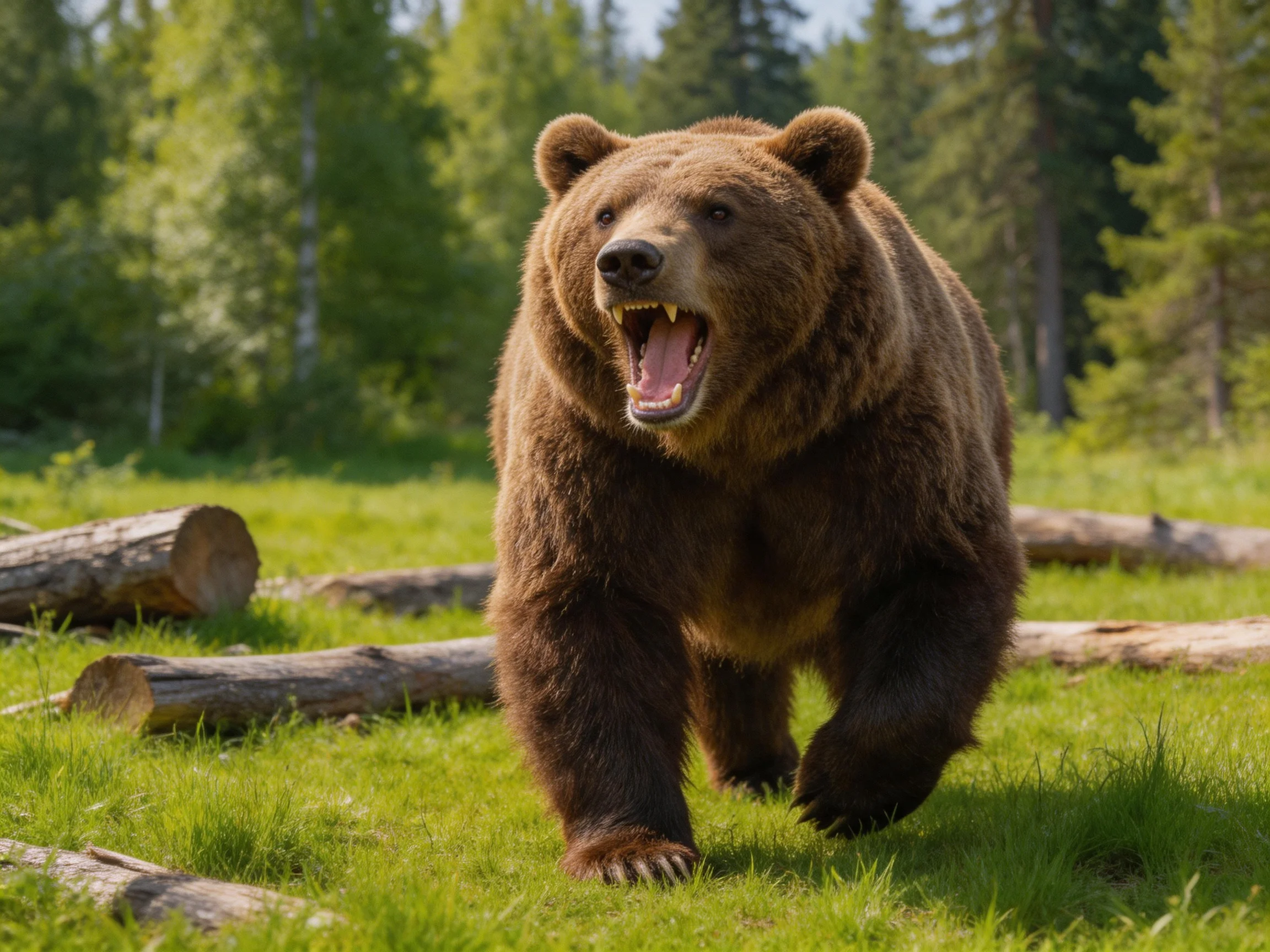 A massive brown grizzly bear strides into a sunlit forest clearing