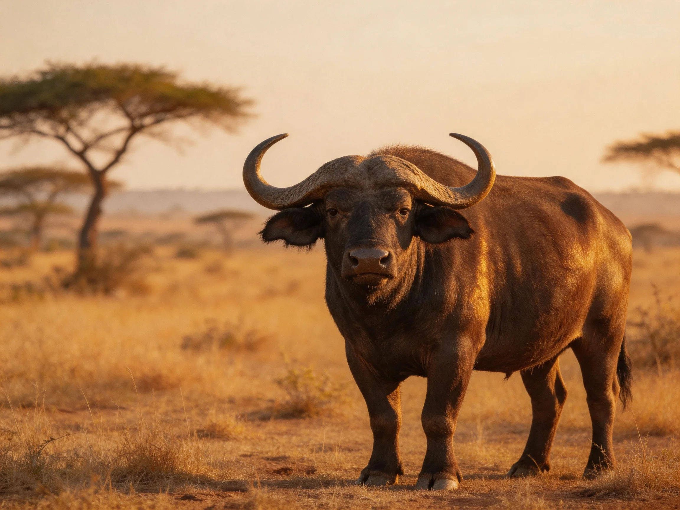 A massive buffalo stands in golden savannah near acacia trees