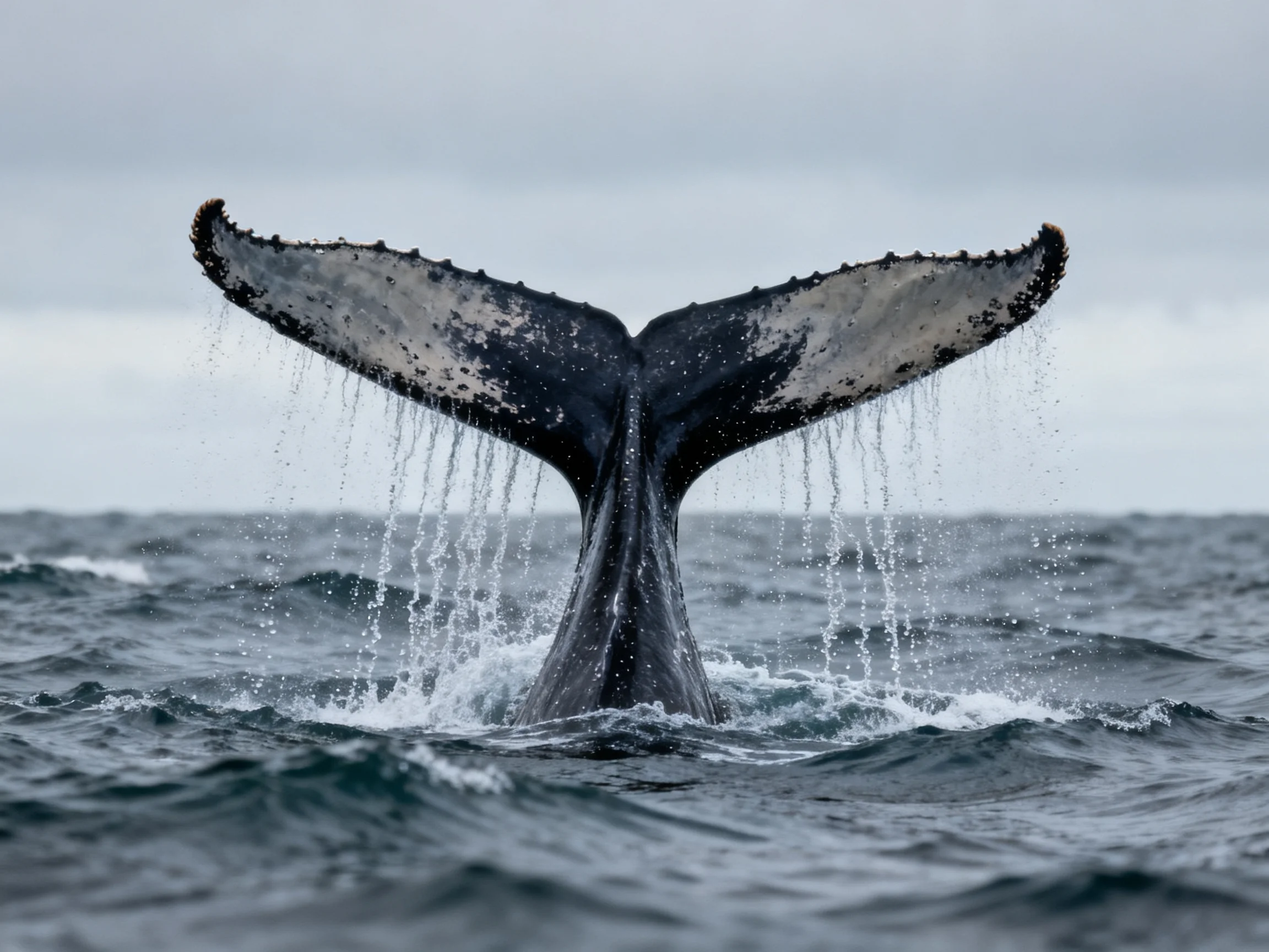 A whale’s tail rises from ocean waves under an overcast sky.