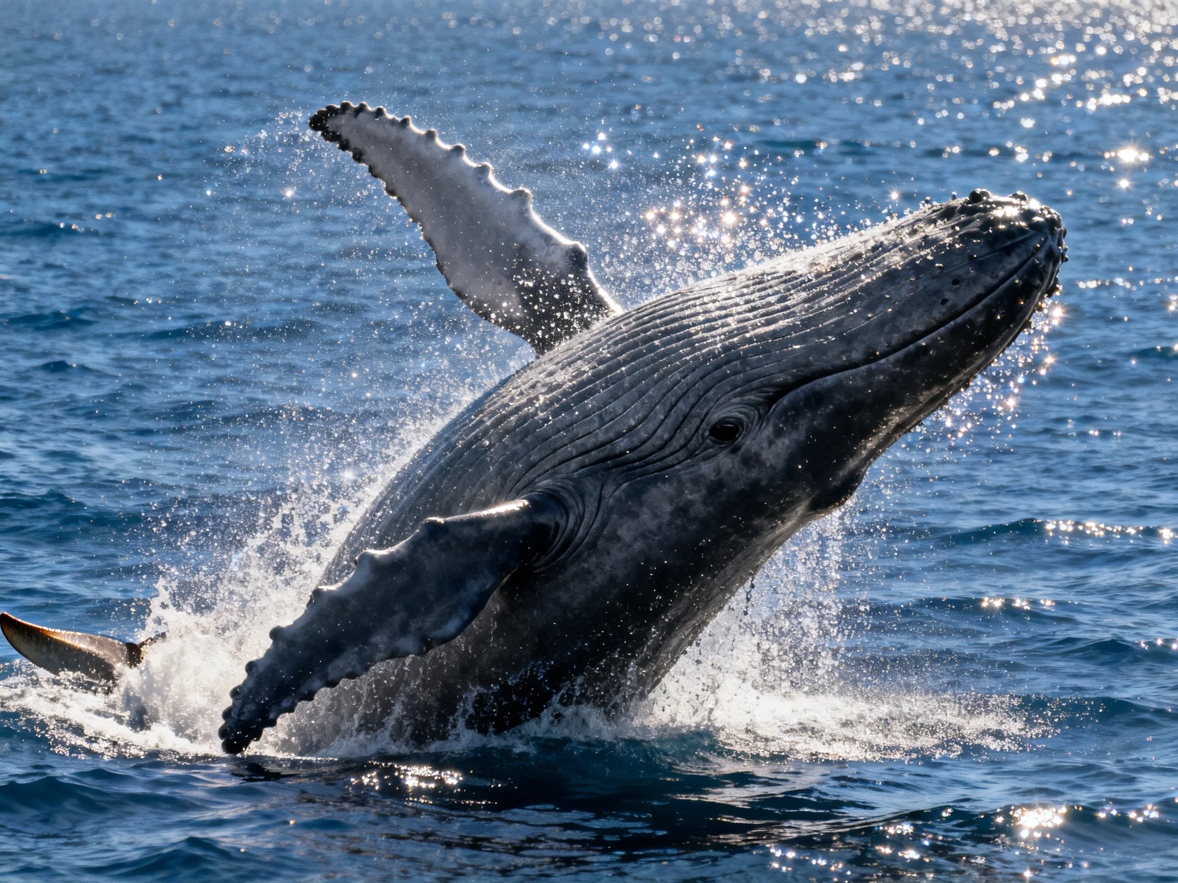 A large gray humpback whale breaches the bright blue sea.