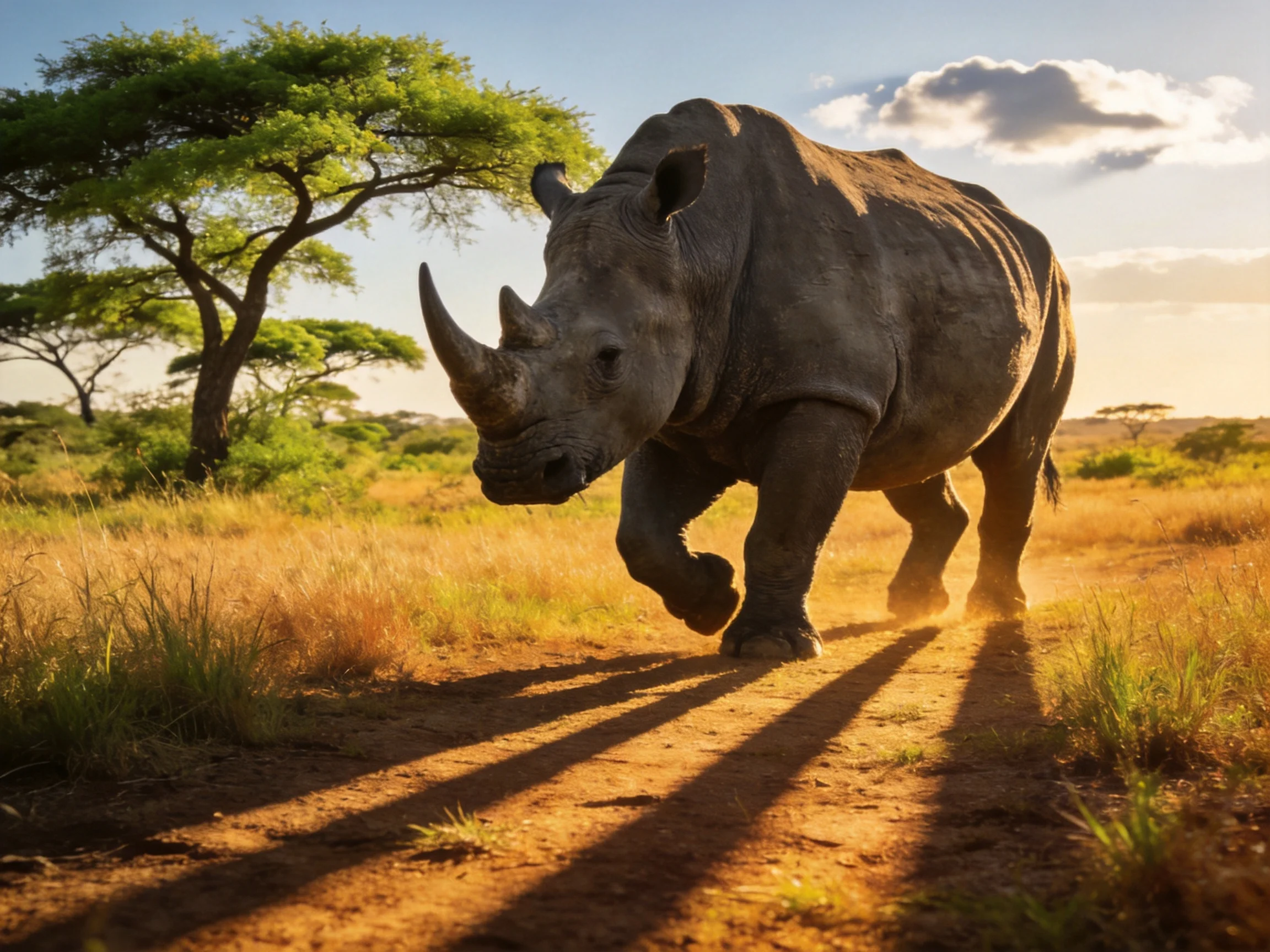 A large gray rhinoceros walks along a dusty path in a sunlit savannah.