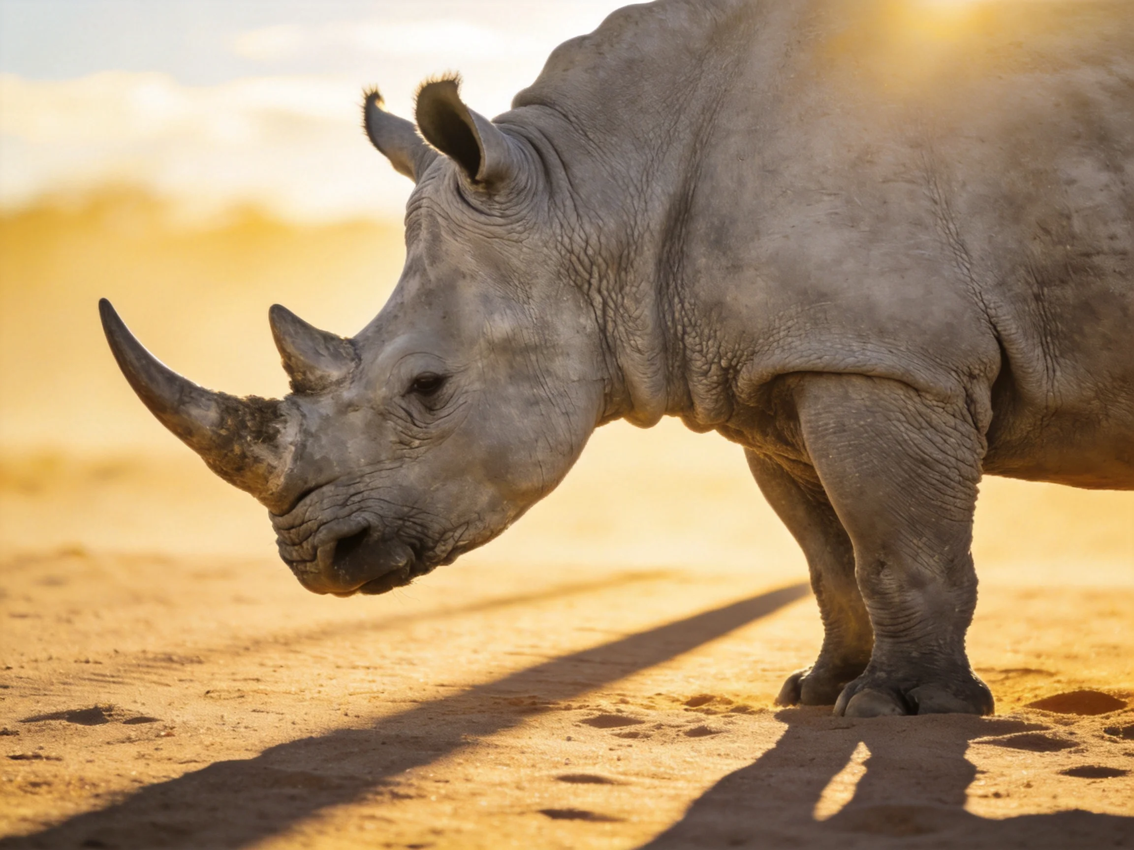 A massive gray rhinoceros stands in a sunlit sandy environment.