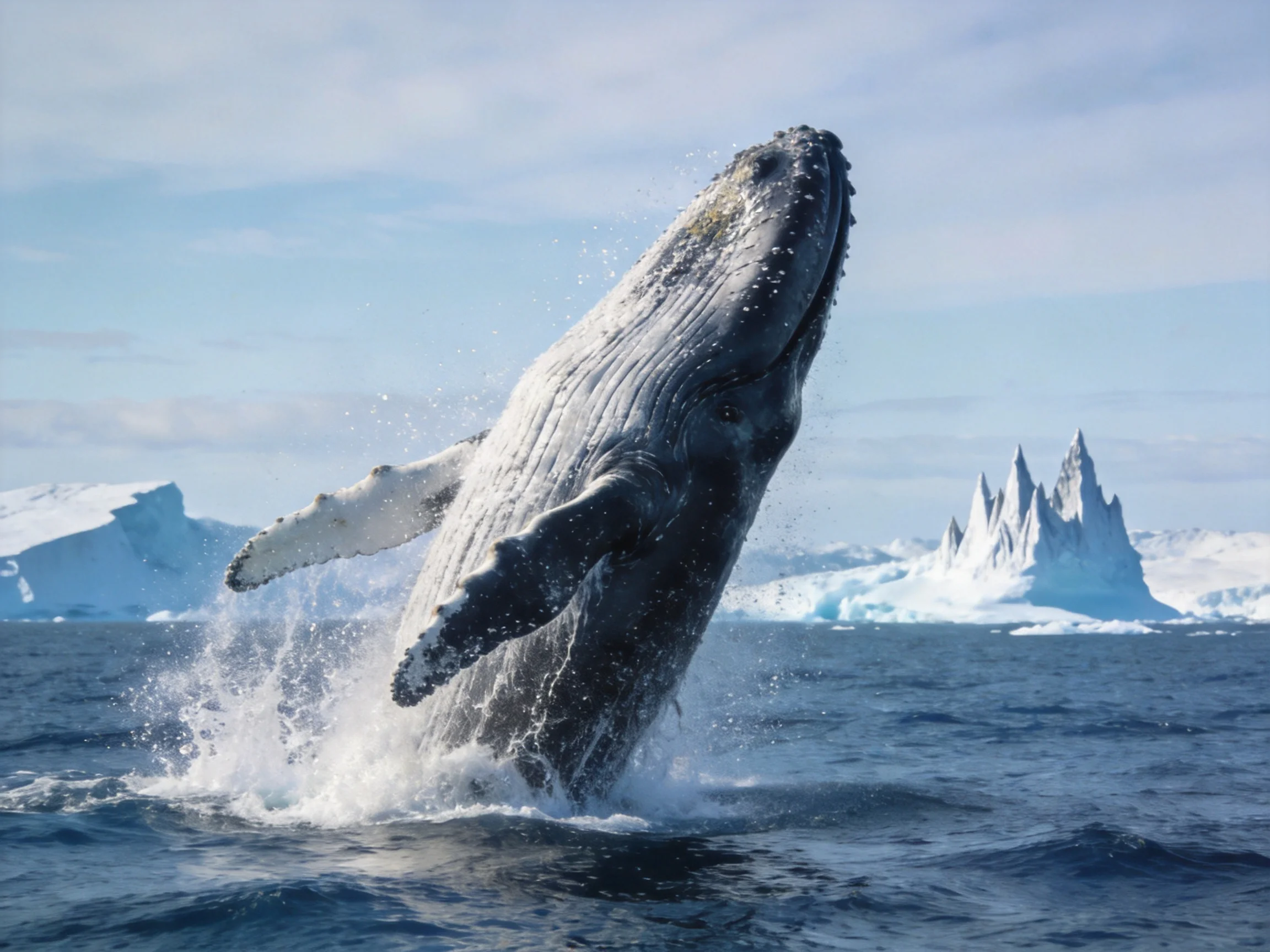 A massive gray whale breaches icy waters near jagged icebergs