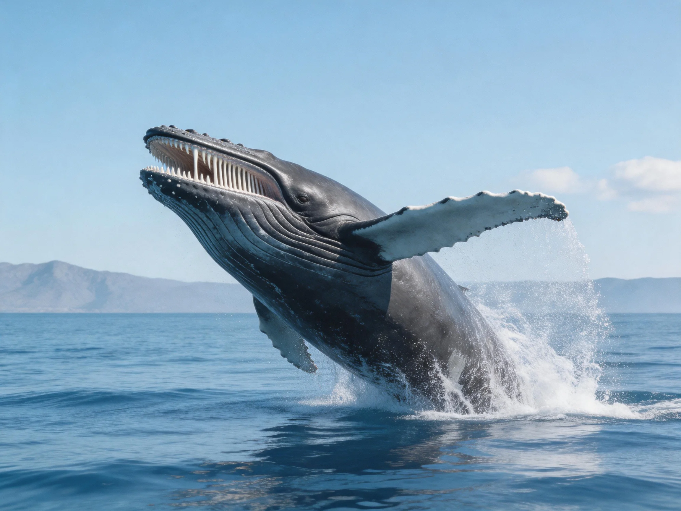 A large gray whale leaps from the blue ocean with mountains in the distance