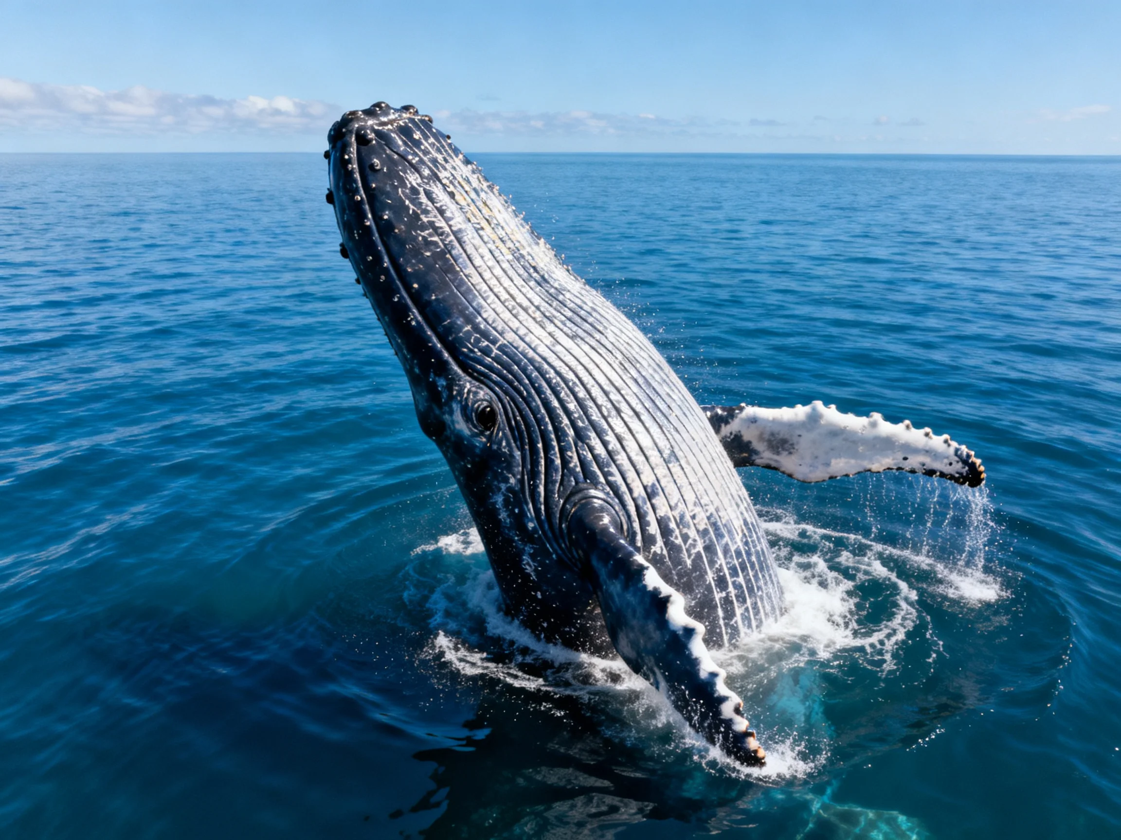 A massive humpback whale breaches the deep blue ocean waters