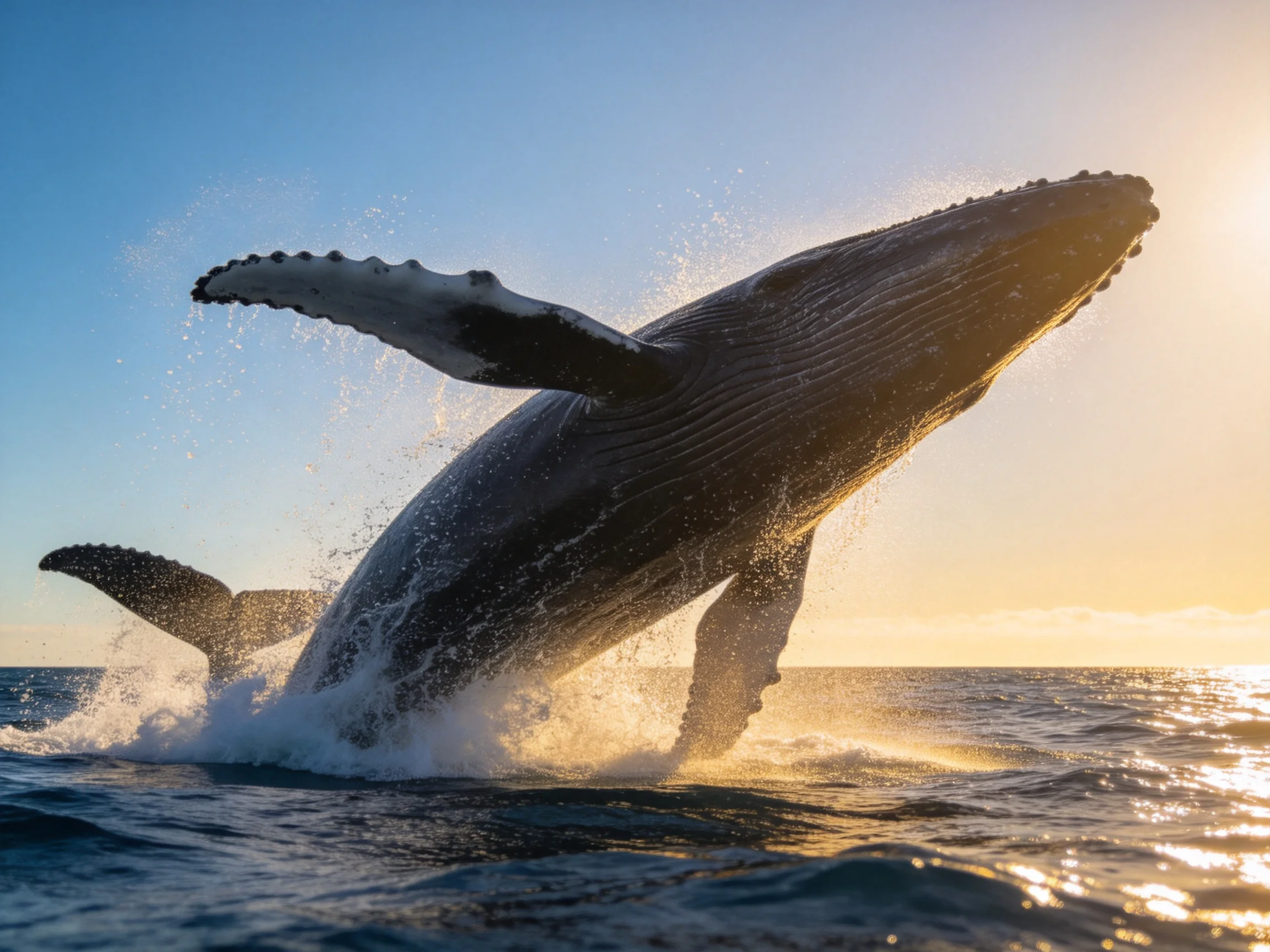 A large humpback whale leaps from the ocean waters during sunset.