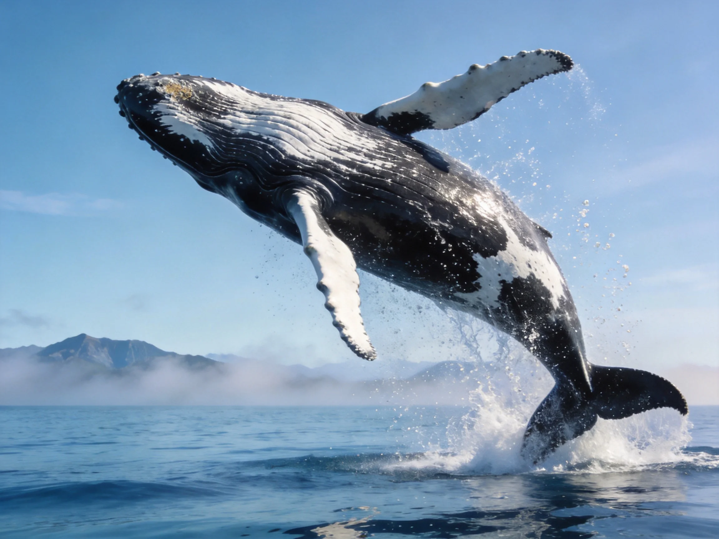 A humpback whale performs a dramatic breach over the ocean.