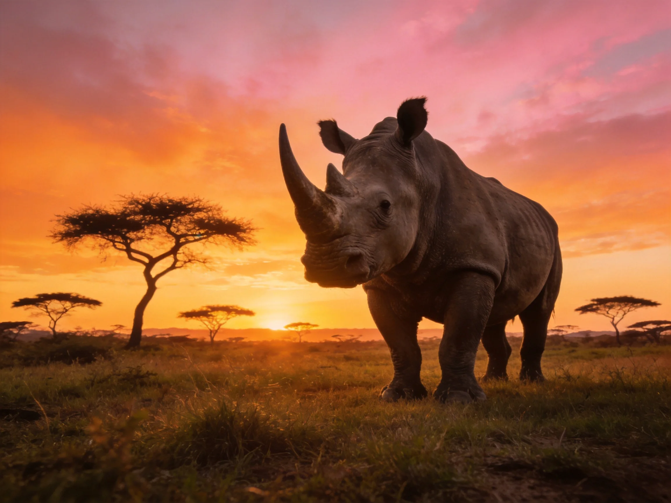 A massive rhinoceros in an African savannah with vibrant sunset sky