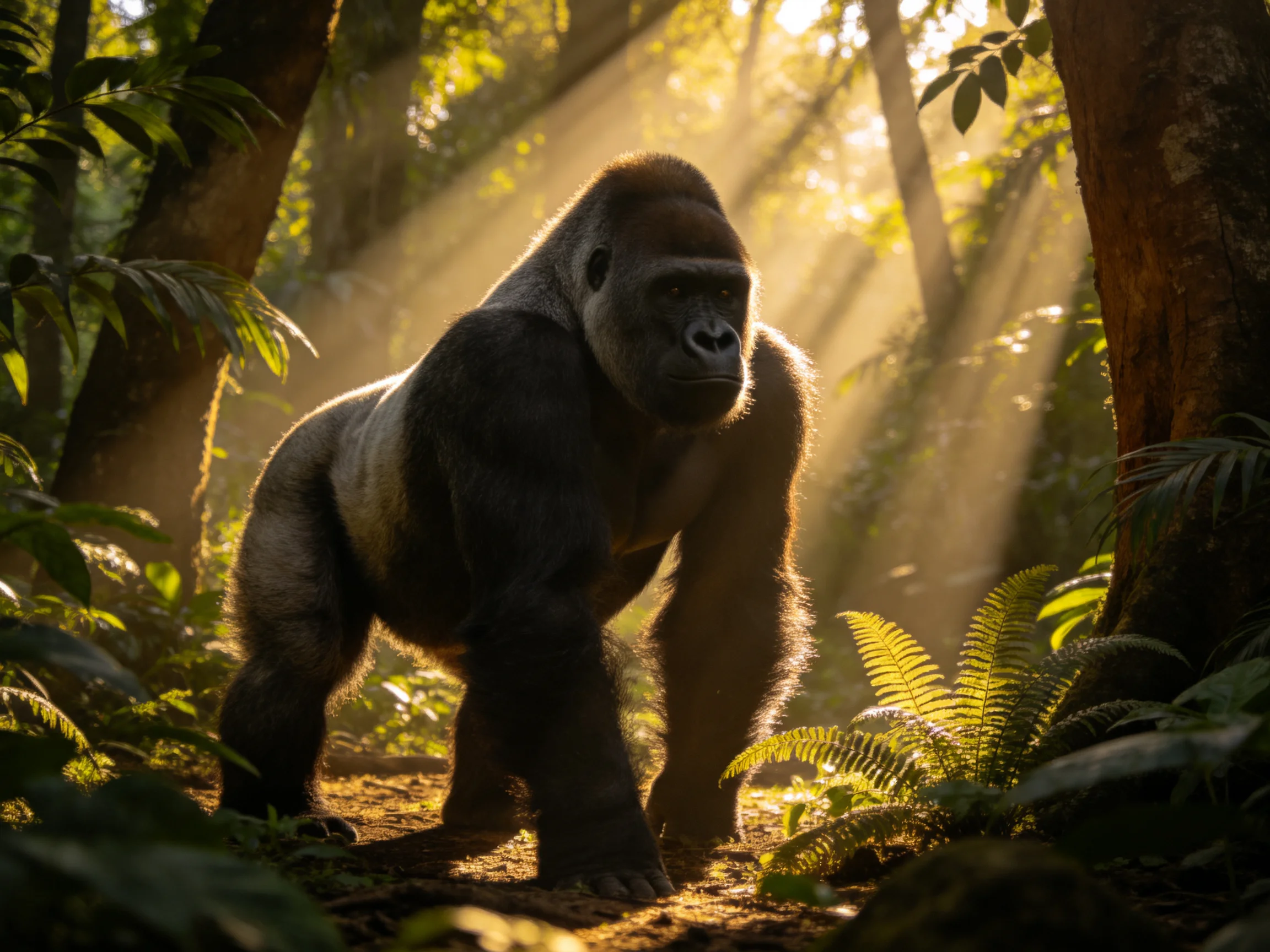 A massive silverback gorilla in a sun-drenched tropical forest