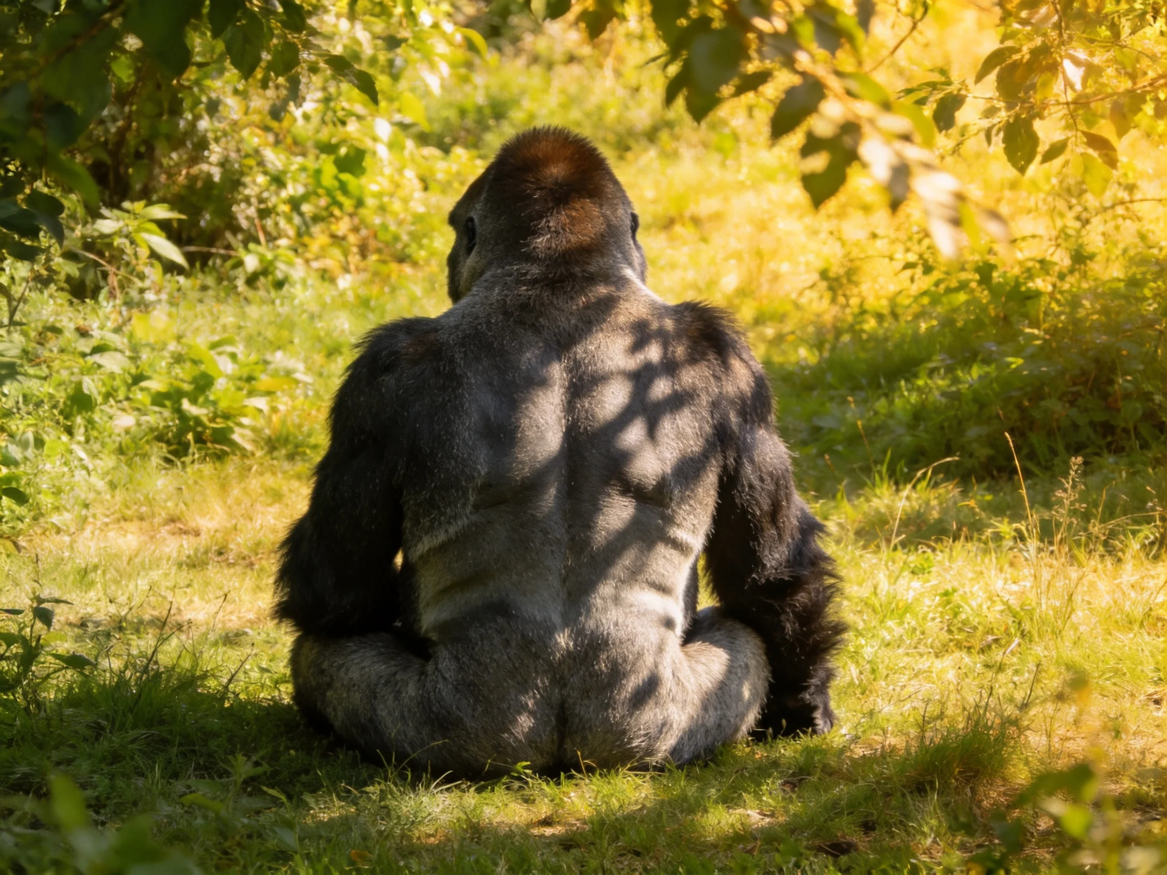 A massive silverback gorilla sits in lush greenery under golden sunlight