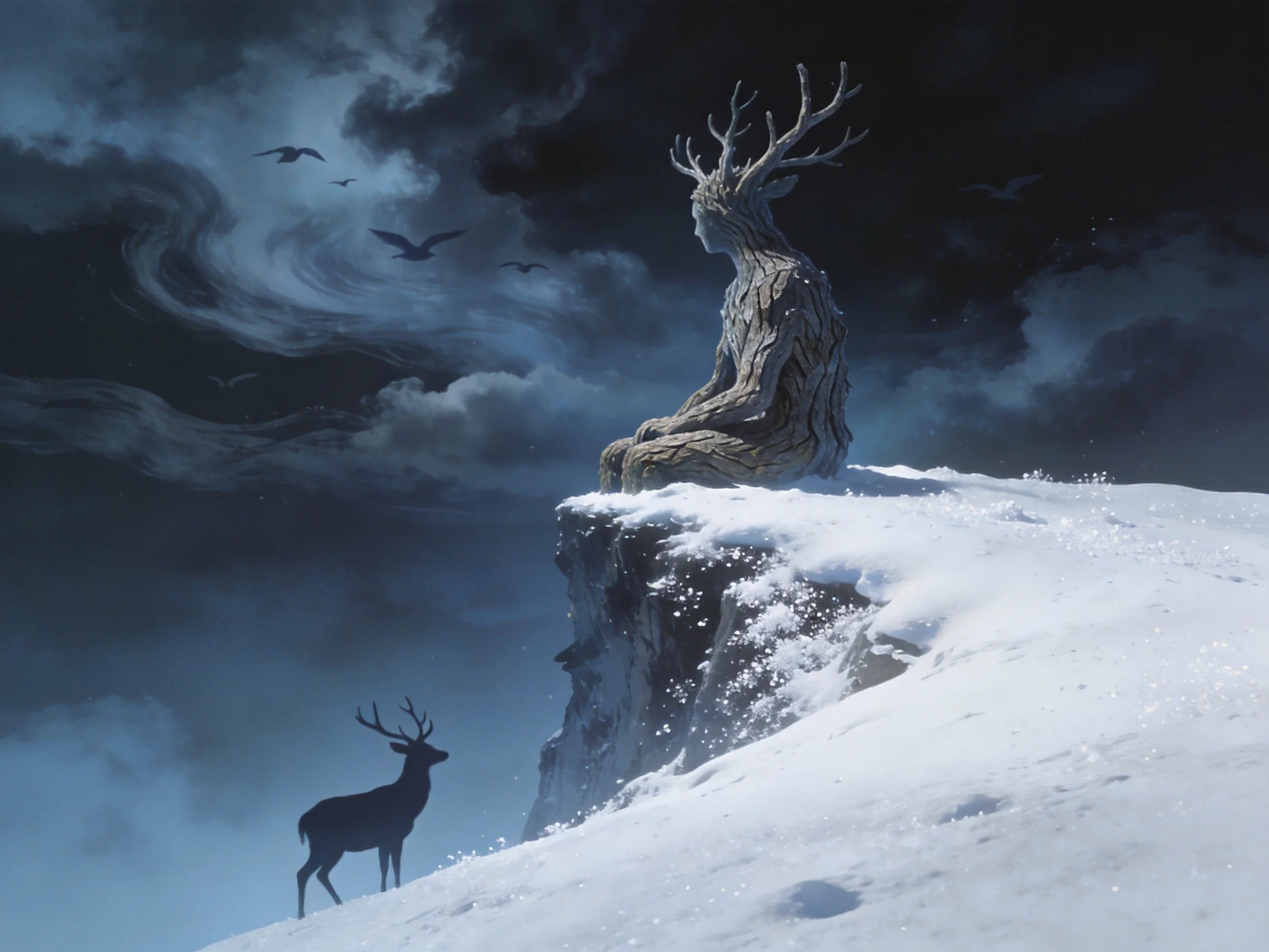 A large wooden deer statue overlooks a snowy landscape from a cliff during a storm.