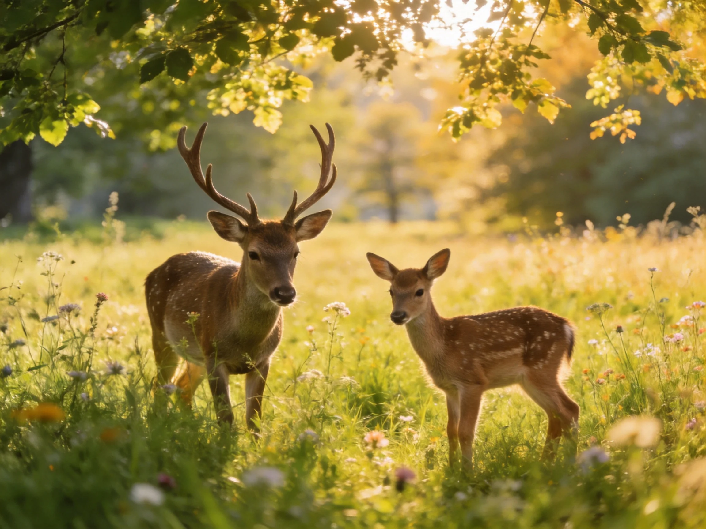 A mature deer and a young fawn stand together in a sunlit meadow.