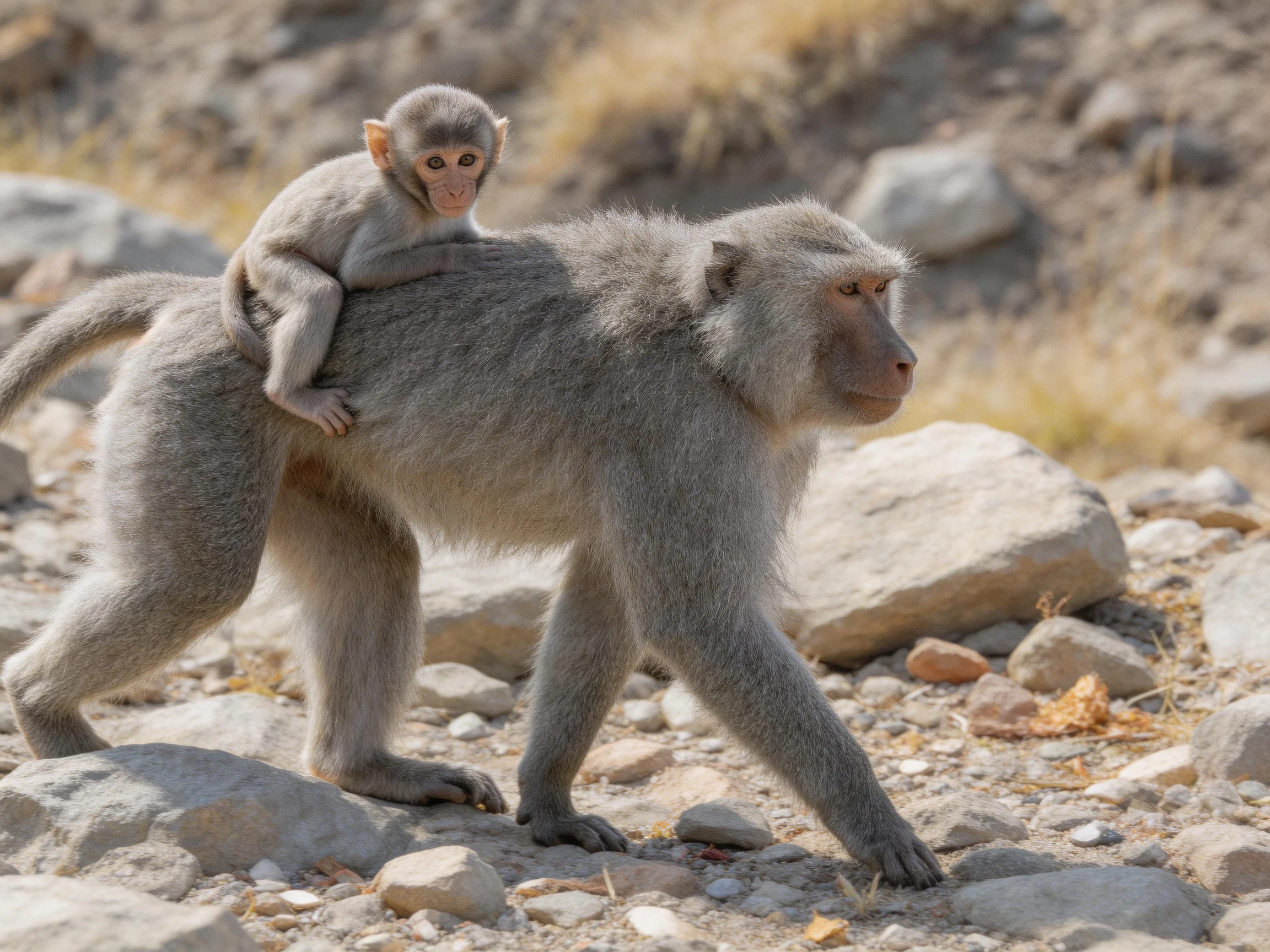 A mature macaque carries a juvenile macaque through rocky terrain
