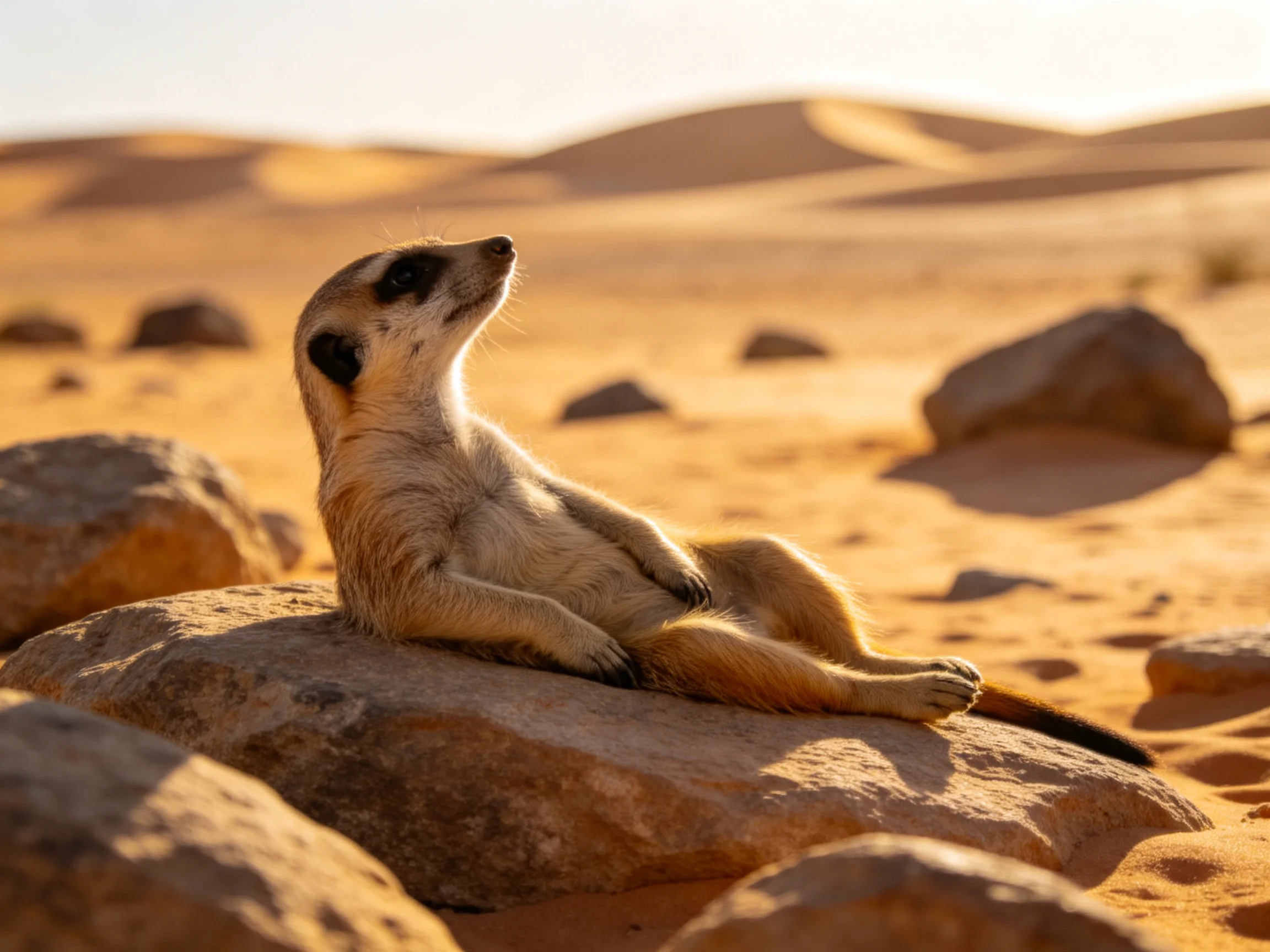 A meerkat lounges on a rock in golden desert dunes