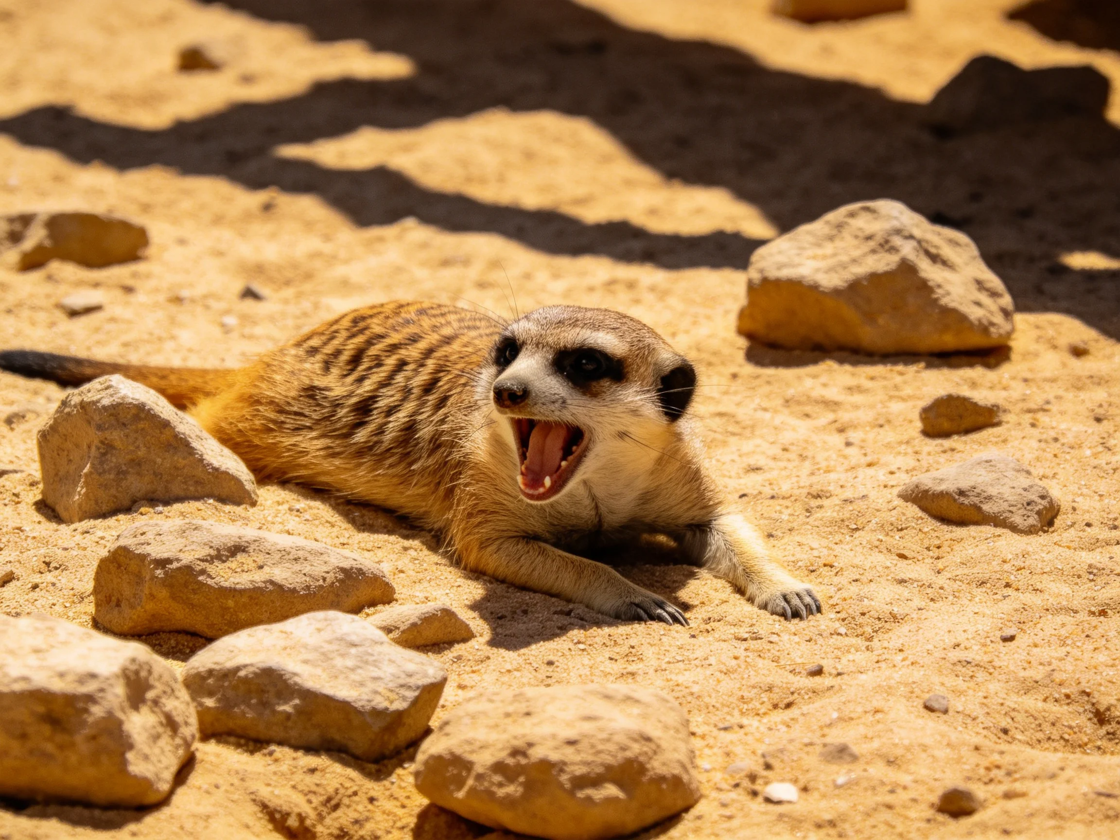 A meerkat rests amid scattered rocks on sun-baked sandy terrain