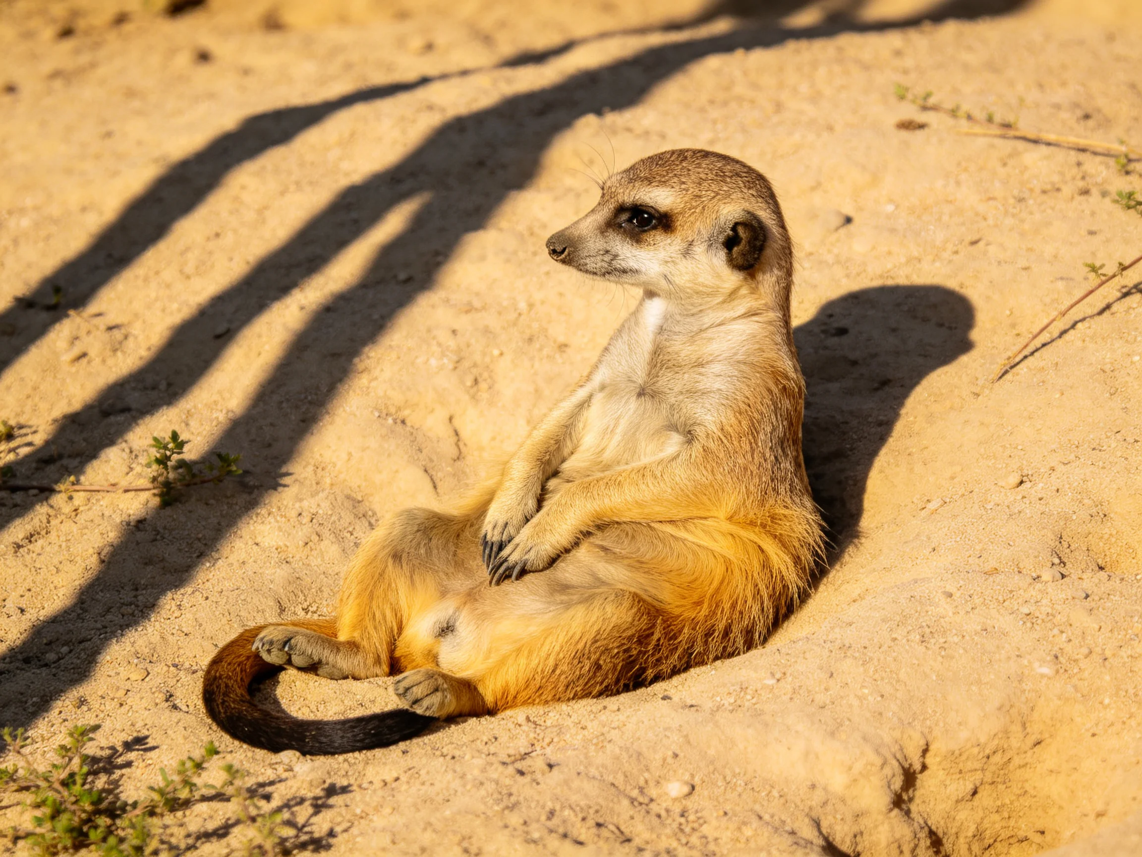 A meerkat sits upright in a sandy burrow with warm sunlight